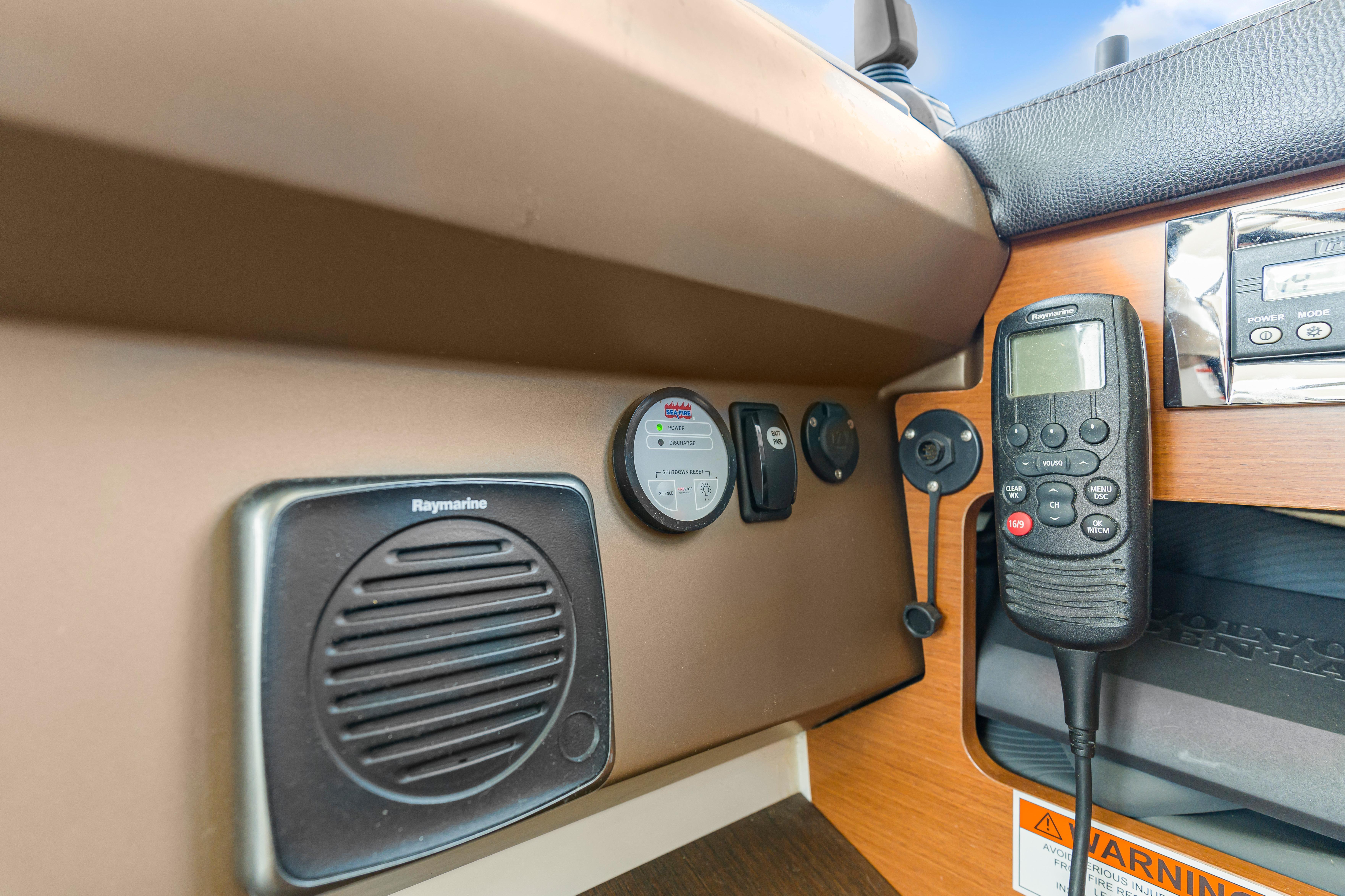 Control panel of a 2017 Prestige 500 yacht featuring Raymarine equipment.