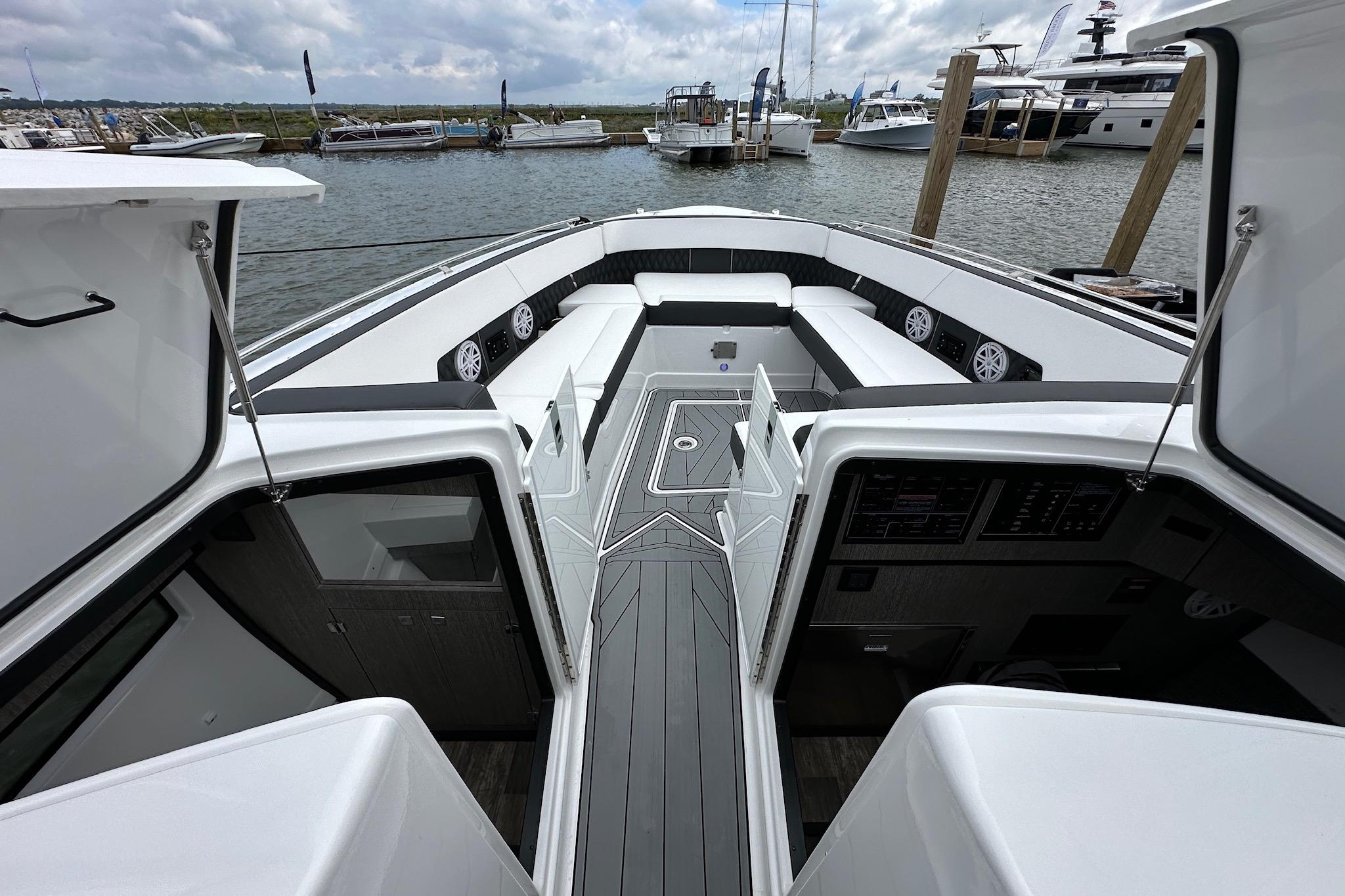 2023 Monterey 378SS Super Sport boat interior with sleek seating and modern design.