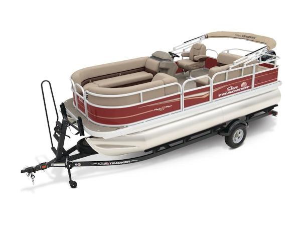 2024 Sun Tracker PARTY BARGE® 18 DLX pontoon boat on trailer, red and beige design.