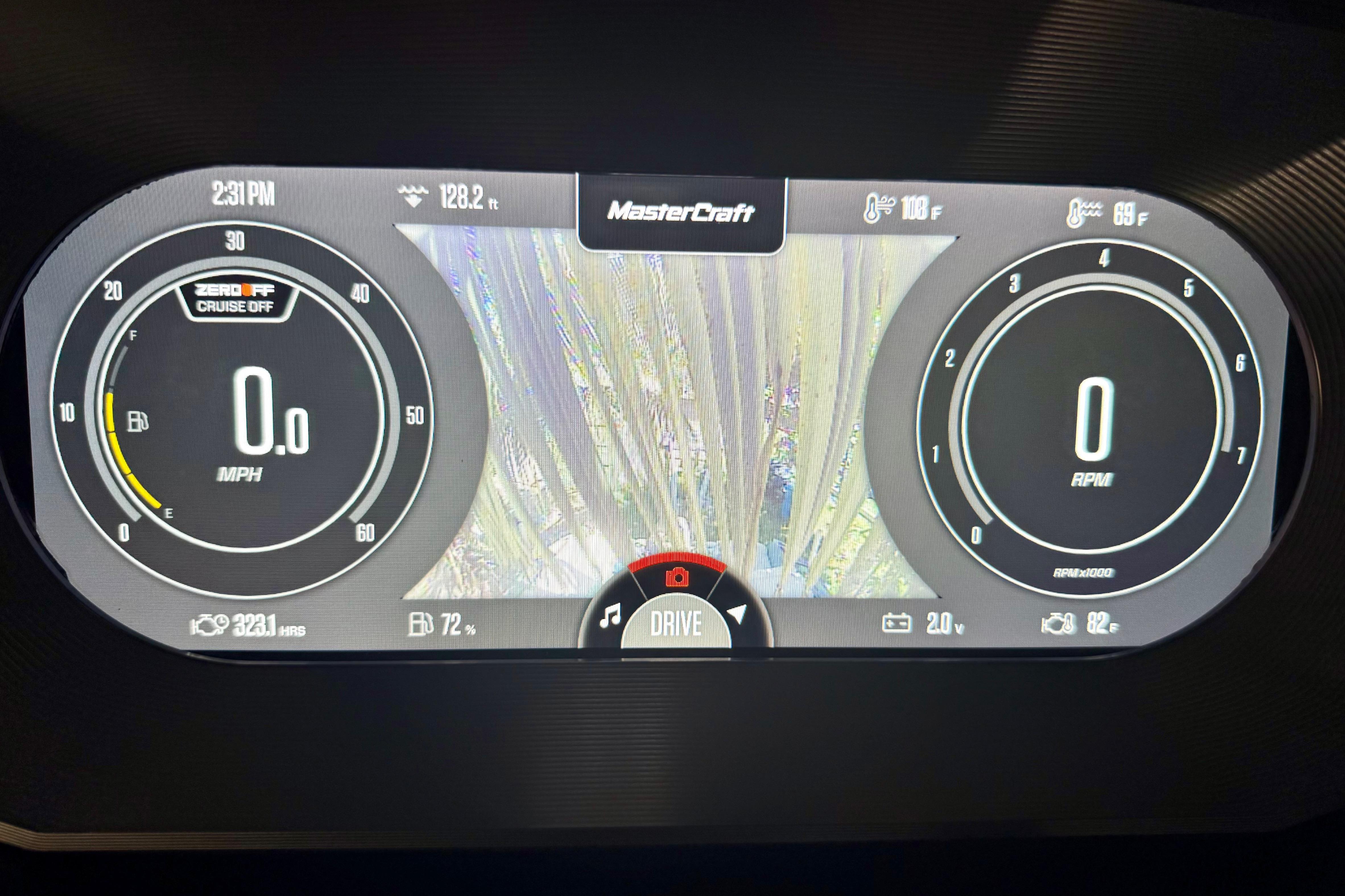 2023 MasterCraft X24 dashboard display showing speed, RPM, and fuel levels.
