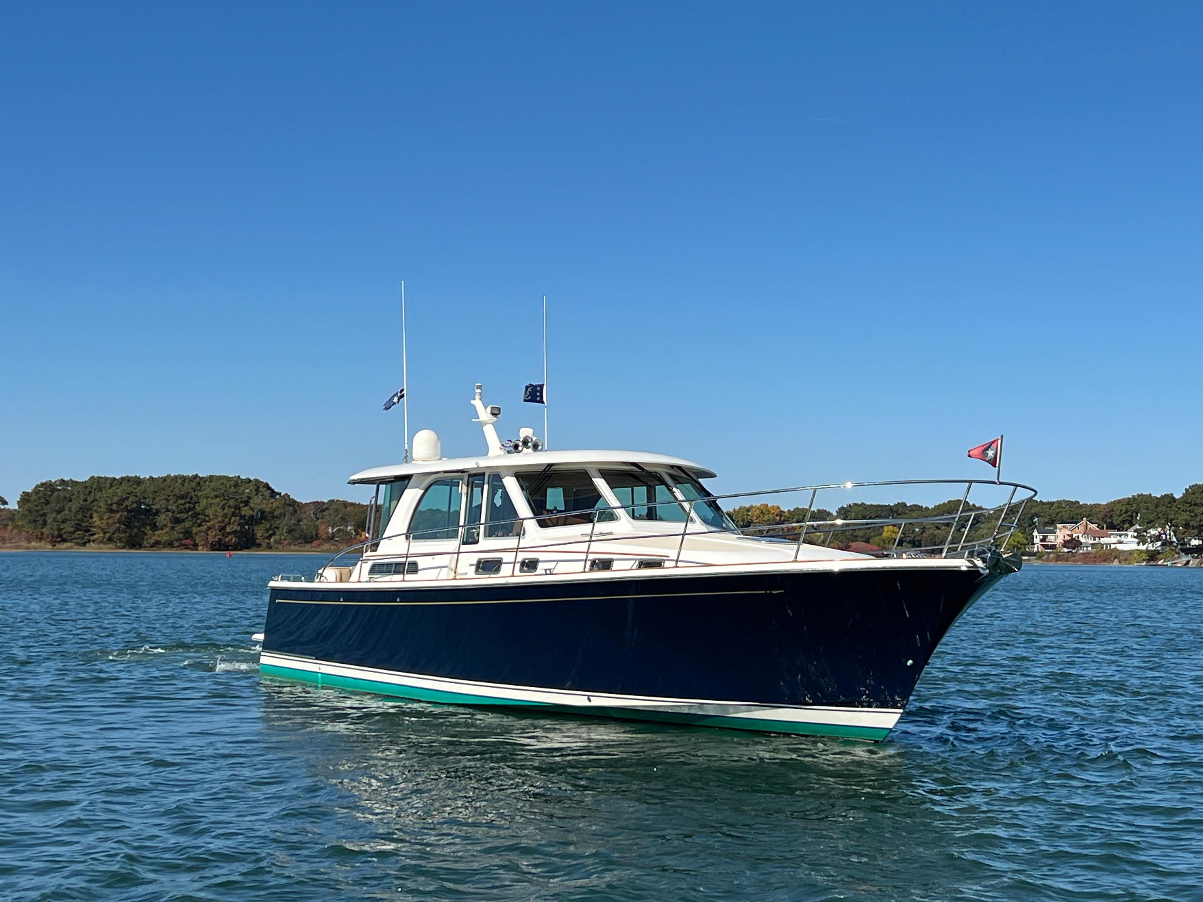 2018 Sabre 45 Salon Express yacht cruising on a sunny day.
