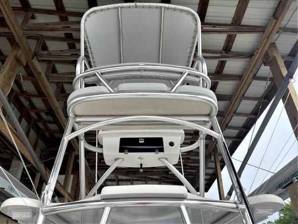 2020 Front Runner 39 Center Console boat tower under a wooden roof structure.