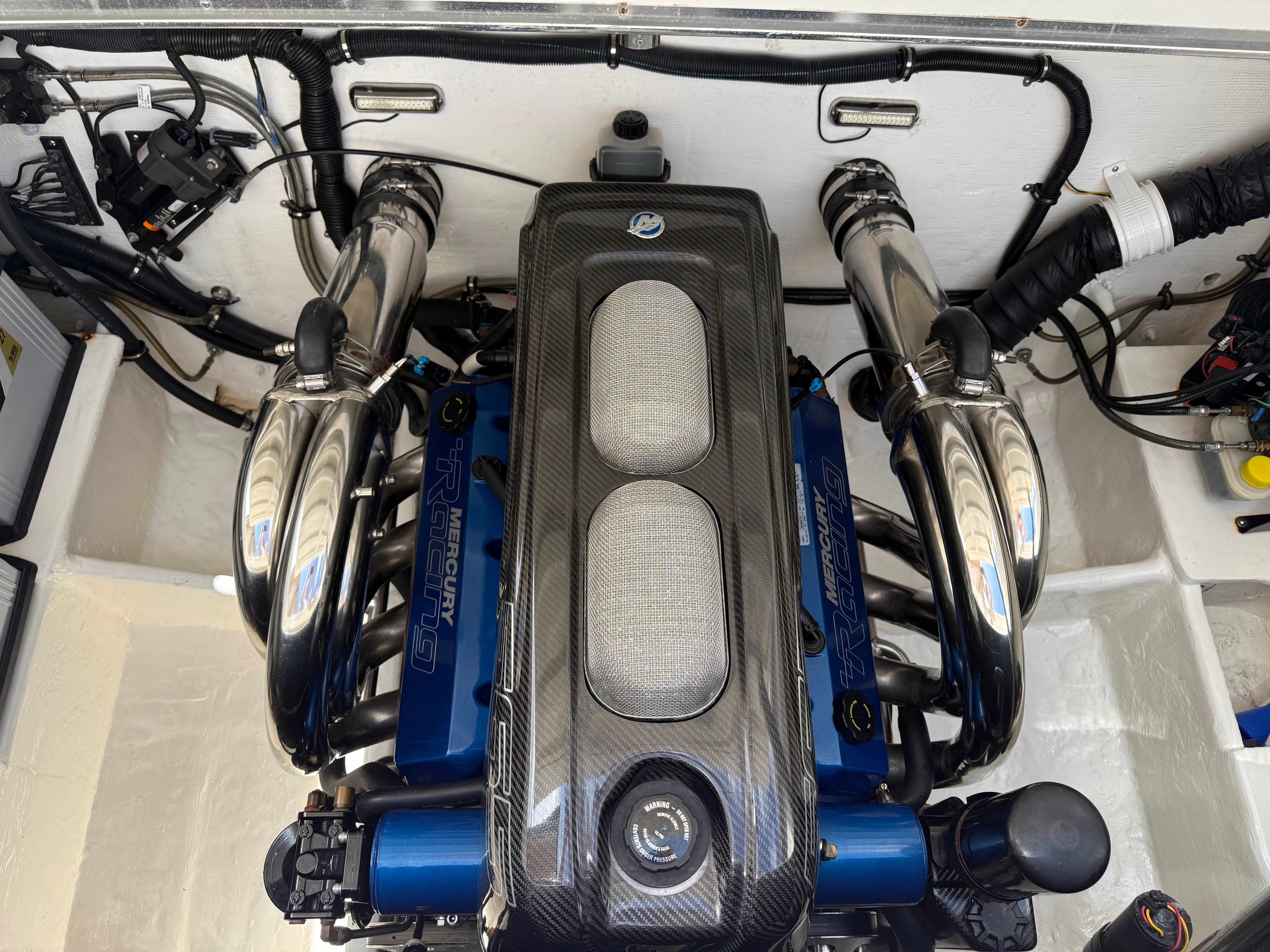 Engine of a 2001 Wellcraft 29 Scarab boat, Mercury Racing.