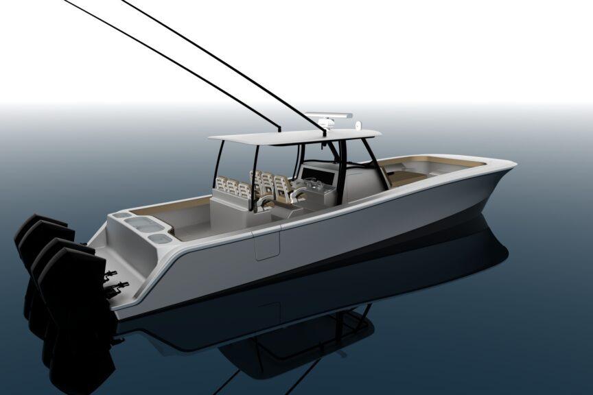 2026 Front Runner 43 Catamaran on calm water, showcasing sleek design and powerful engines.