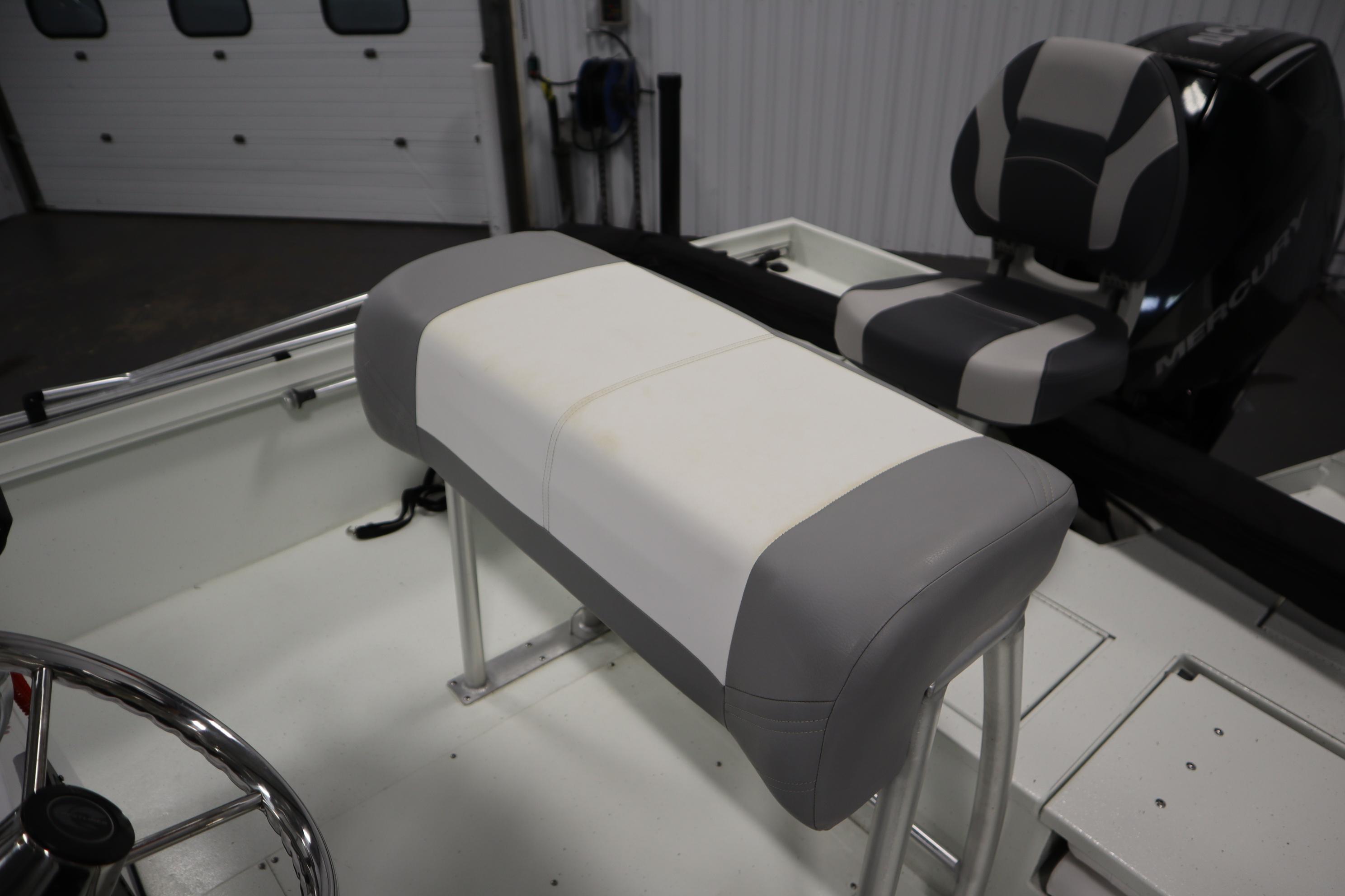 2022 Crestliner 2200 CC boat interior with gray and white seating.