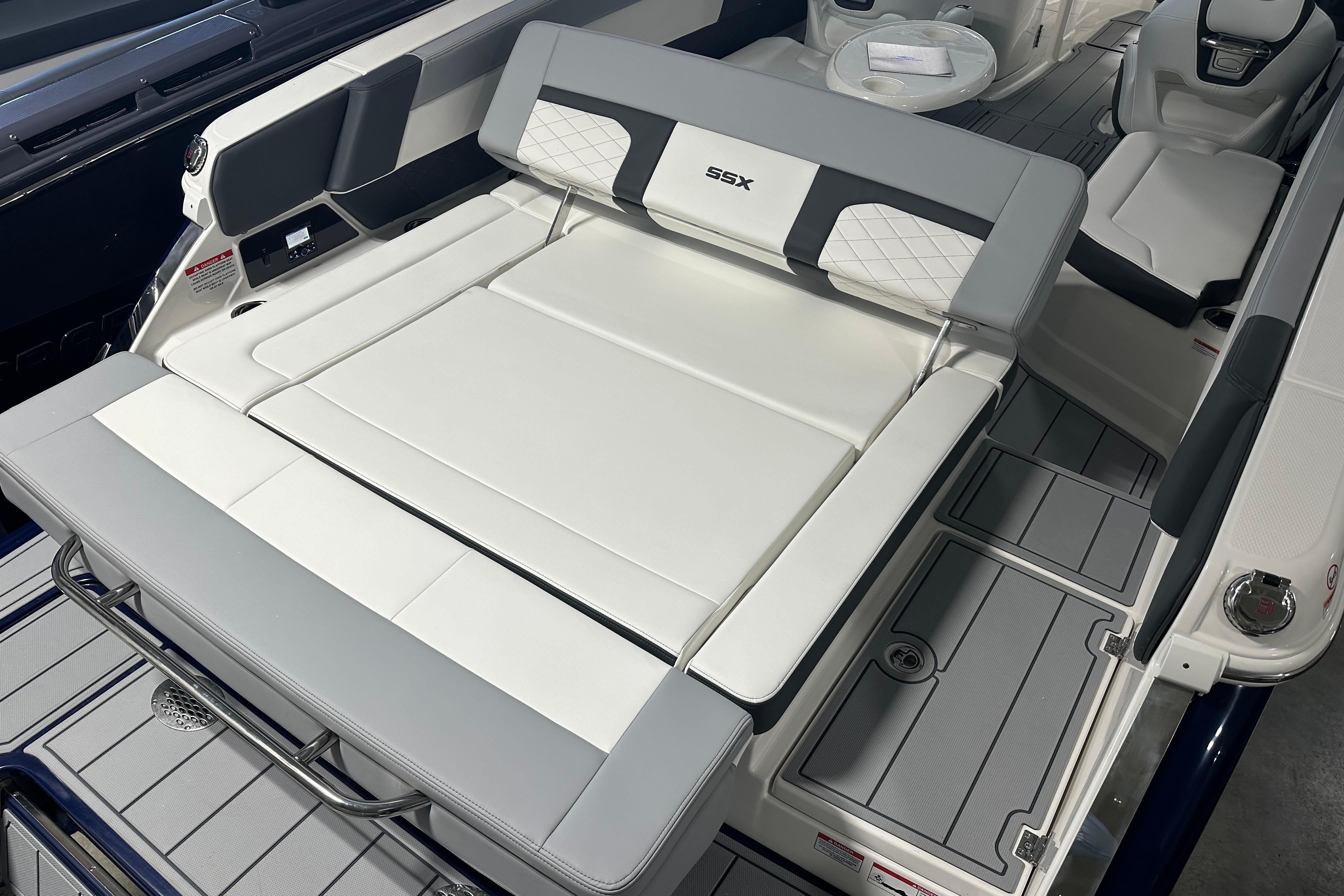 Interior of Chaparral SSX 8 boat, luxurious seating, model year 2026.
