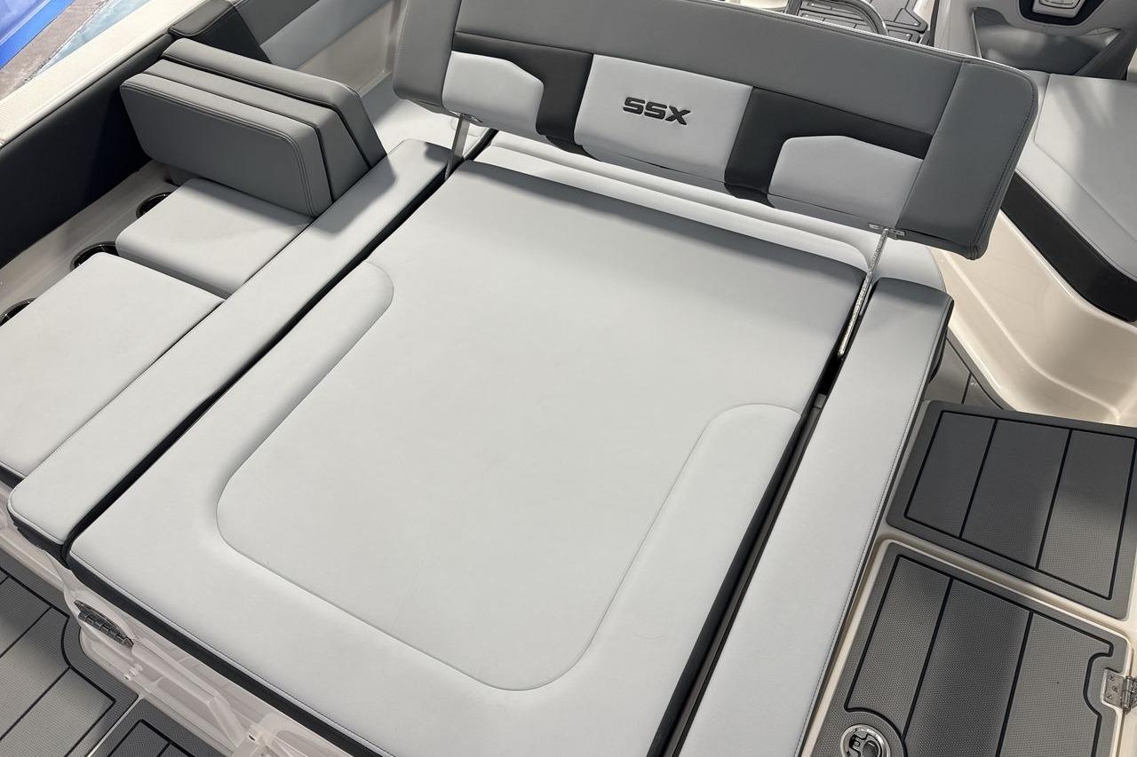 The image shows the gray upholstery of a 2026 Chaparral SSX 4.