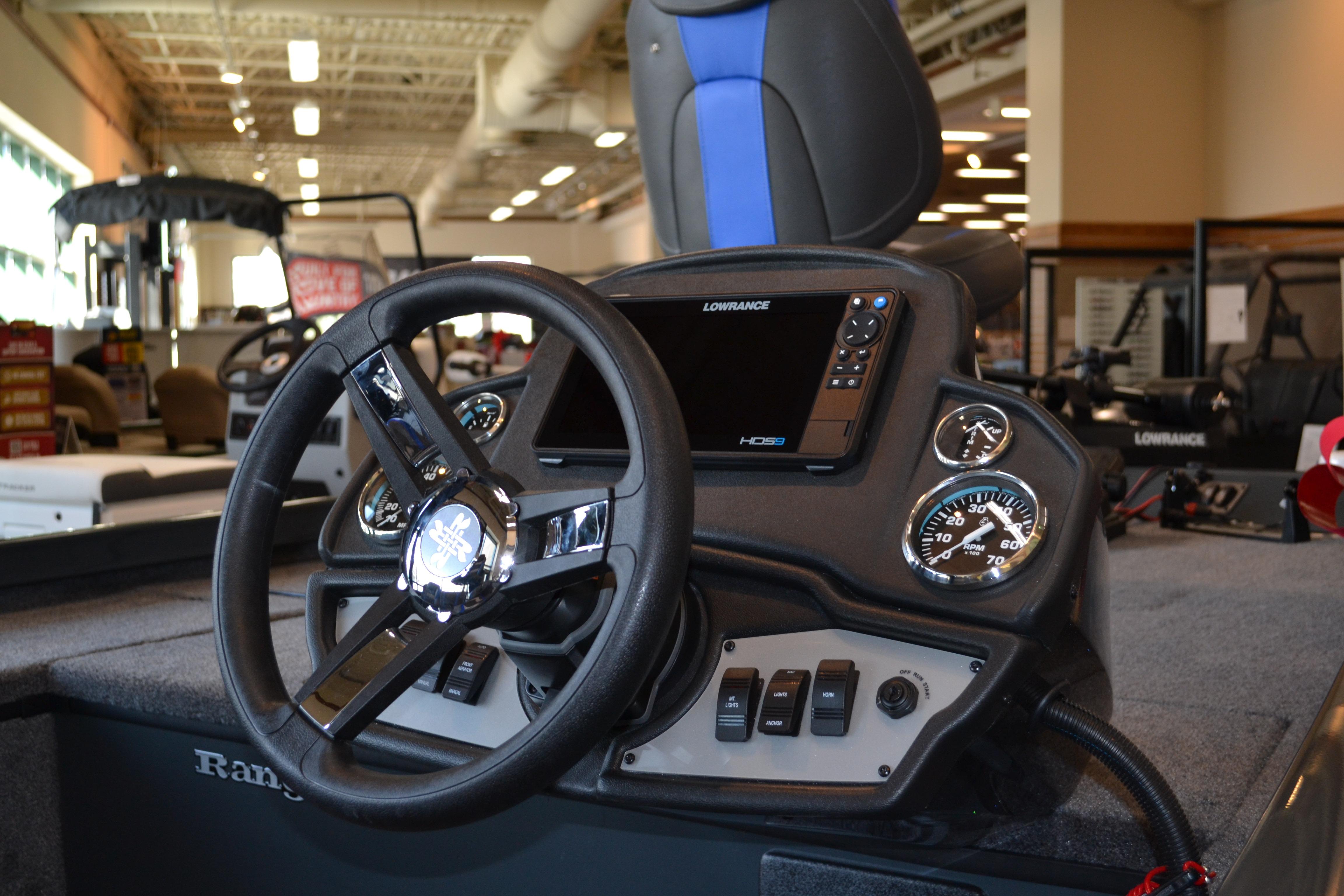 2026 Ranger RT178C boat dashboard with steering wheel and Lowrance electronics.