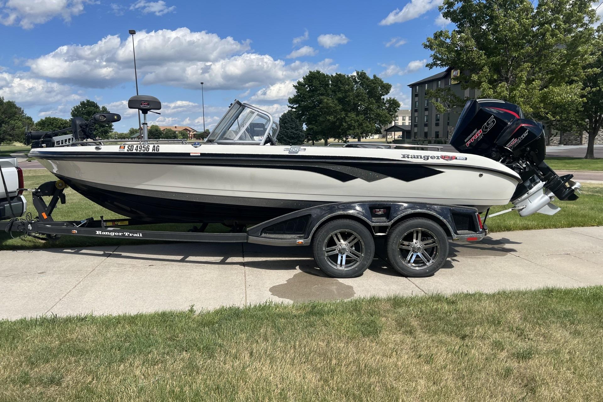 2023 Ranger 620FS Cup-Equipped boat on trailer, parked outdoors under blue sky.