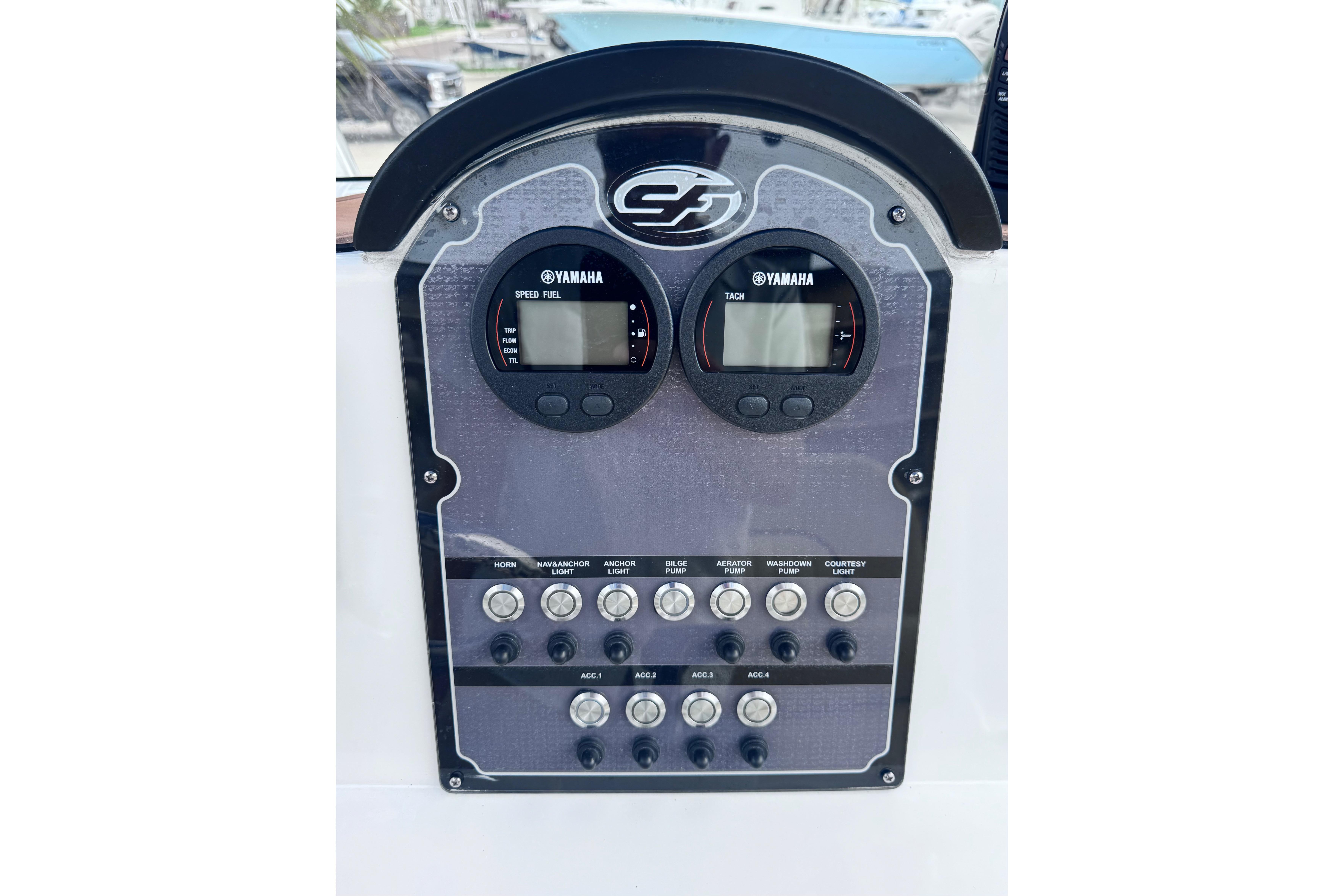 2018 Sea Fox 206 Commander dashboard with Yamaha gauges and control switches.