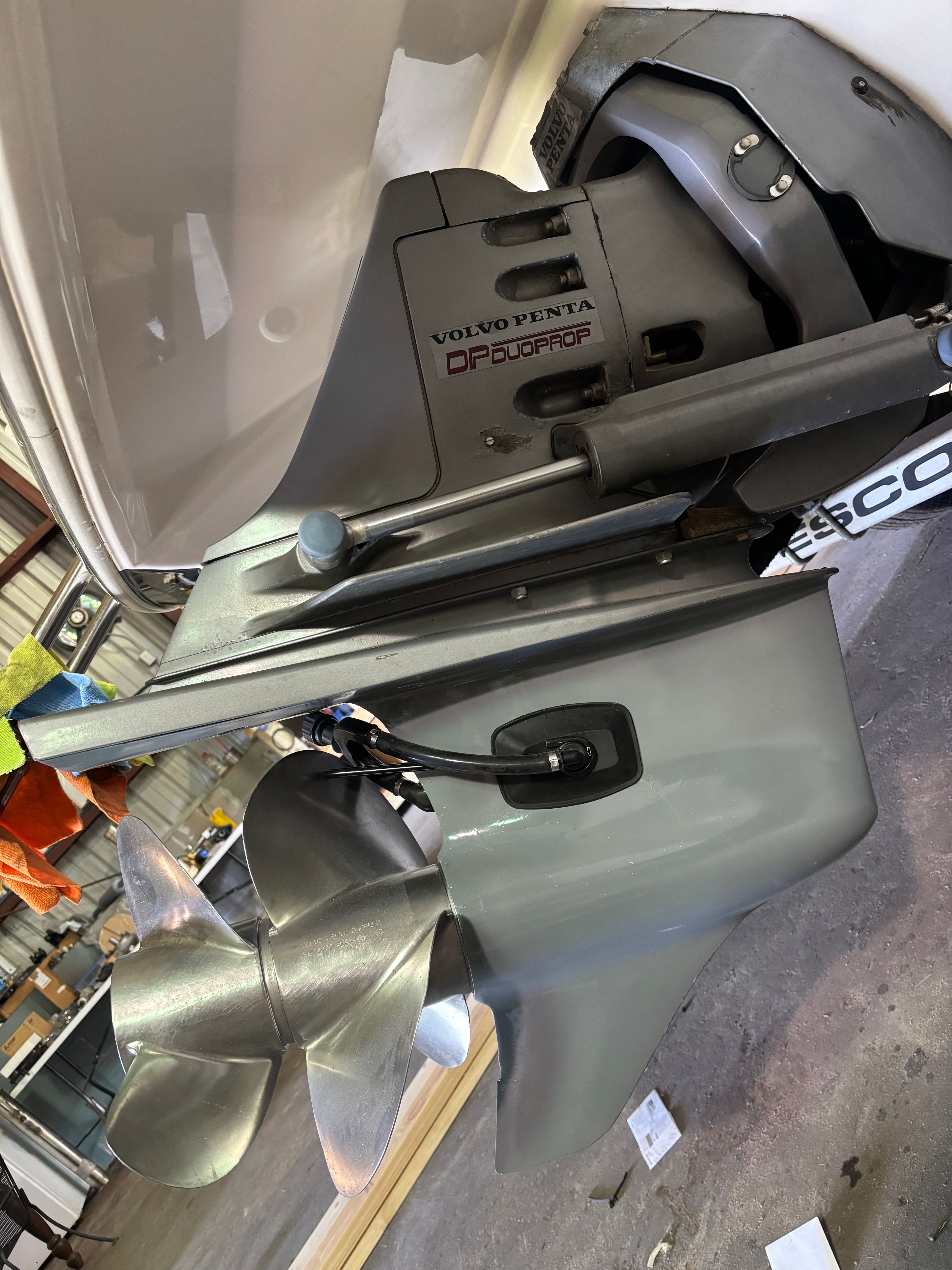 Close-up of a Volvo Penta DP DuoProp drive on a 2006 Regal 2200 Bowrider.