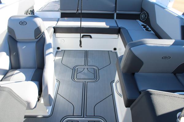 2025 Cobalt CS23 boat interior with gray seating and modern design.