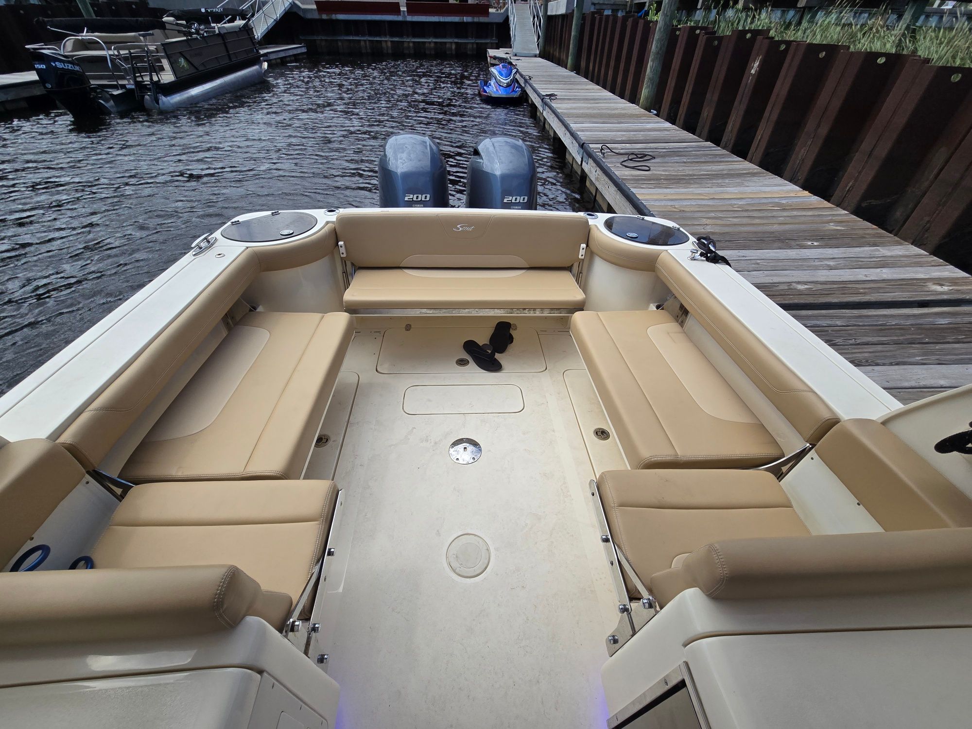 Interior of a 2019 Scout 275 Dorado boat at dock.