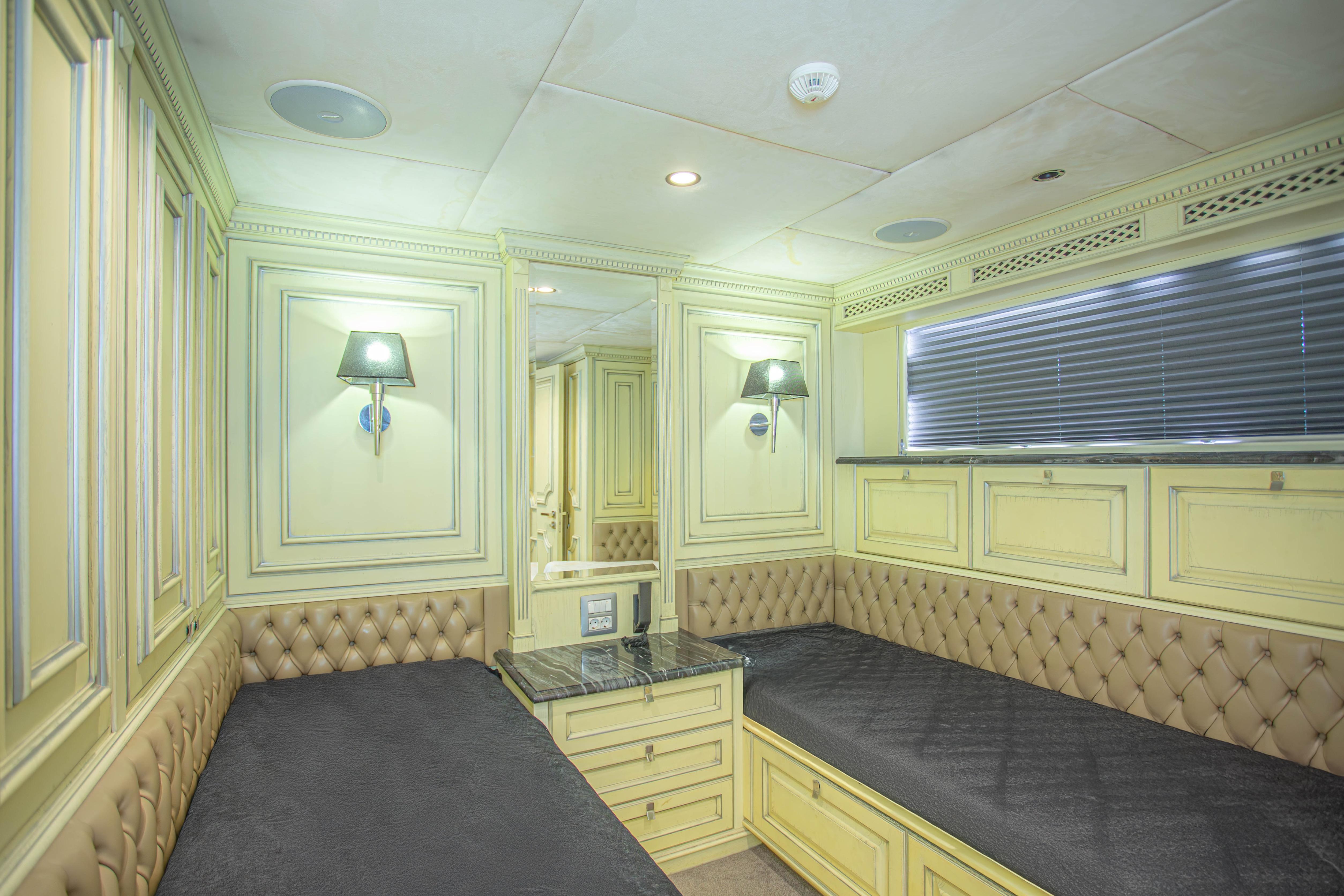 Luxurious cabin interior of 2014 Fifth Ocean Yachts 24m Displacement Explorer Yacht.