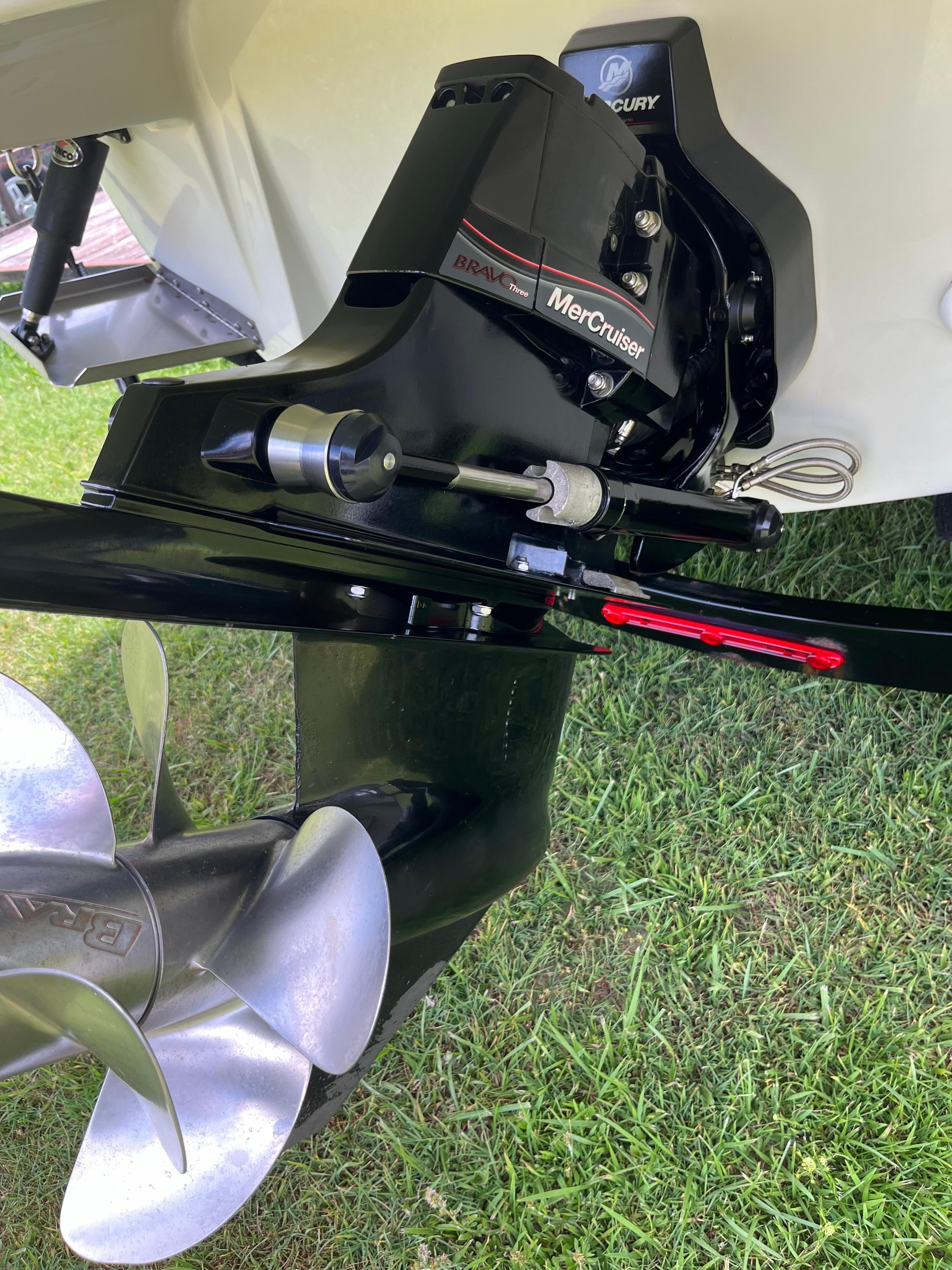 Close-up of a MerCruiser drive on a 2019 Crownline E 285 boat.