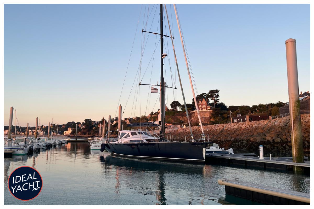 65ft Garcia Aluminium Centerboard yacht docked in serene marina at sunset, 2008 model.
