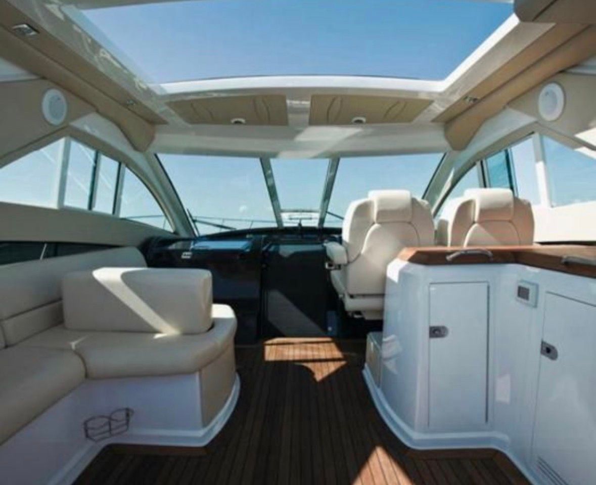 Interior of a 2010 Regal 52 Sport Coupe yacht with panoramic roof.
