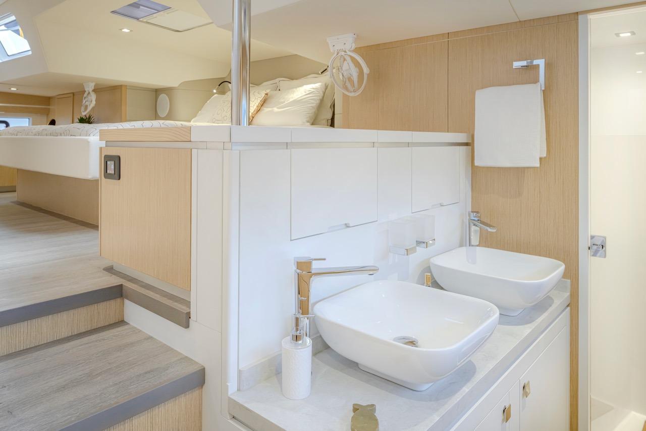Luxurious bathroom in Privilege Signature 510 yacht, model year 2025.