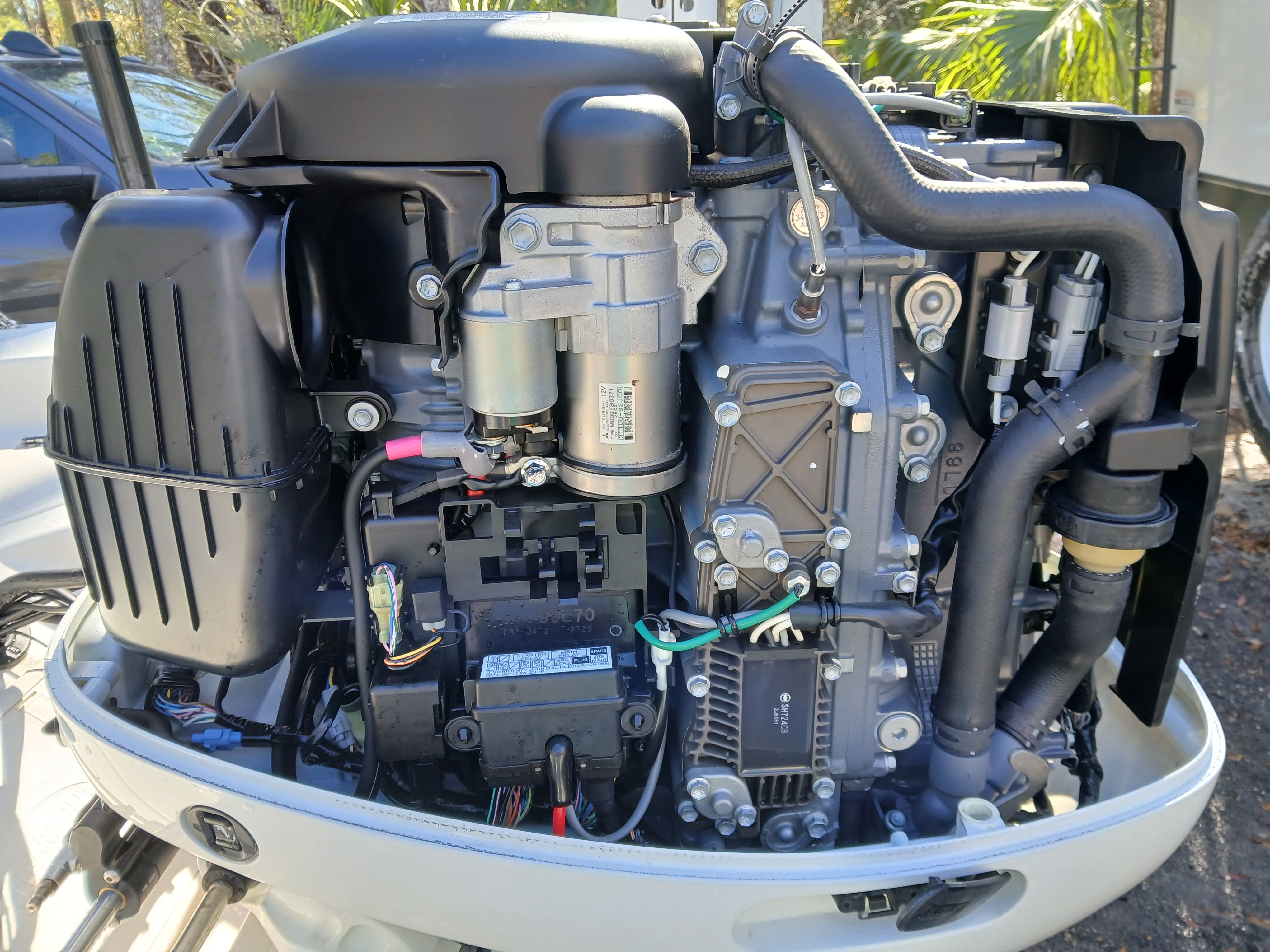 Close-up of a 2023 Carolina Skiff 192 JLS outboard motor.