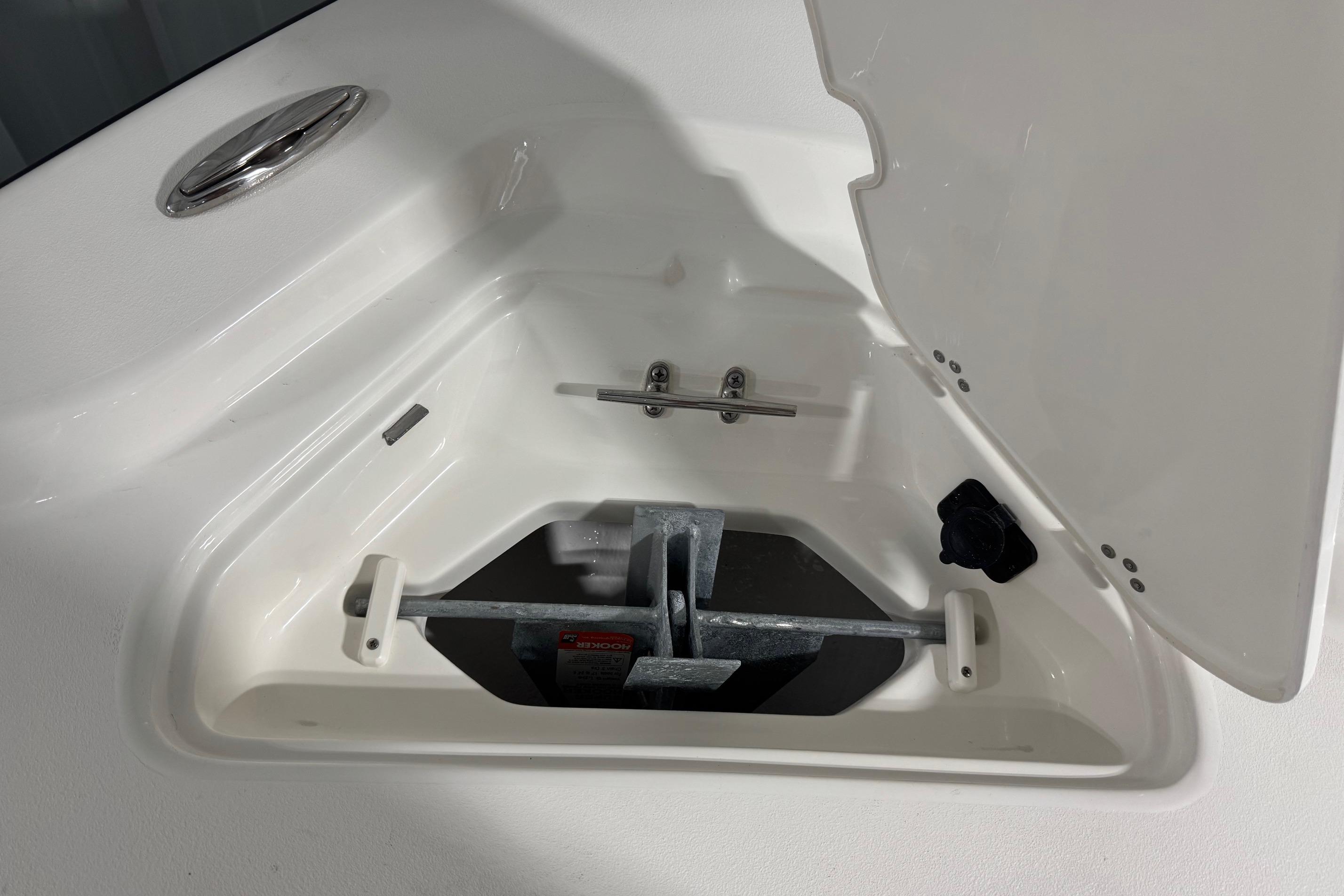 Open anchor compartment on 2026 Key West 210 Bay Reef boat.