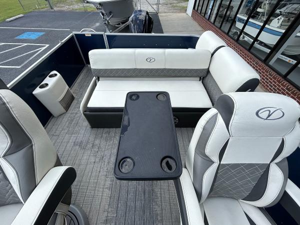 Interior of a 2020 Veranda VP22VLC pontoon boat with seating.