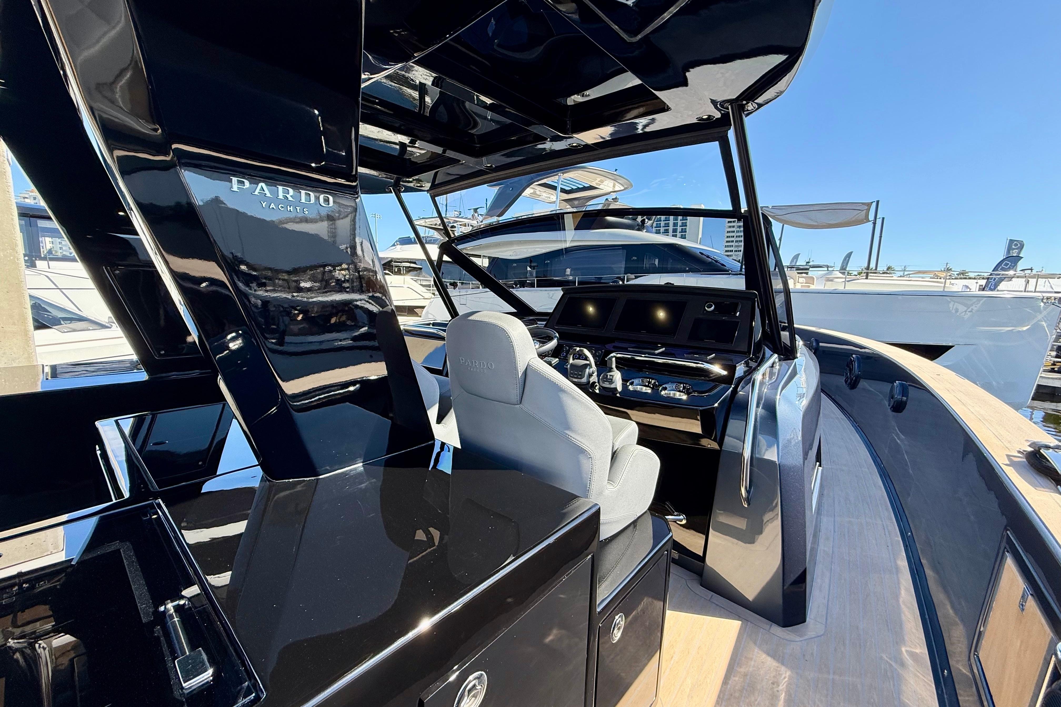 2026 Pardo Yachts 50 interior with sleek black design and modern controls.