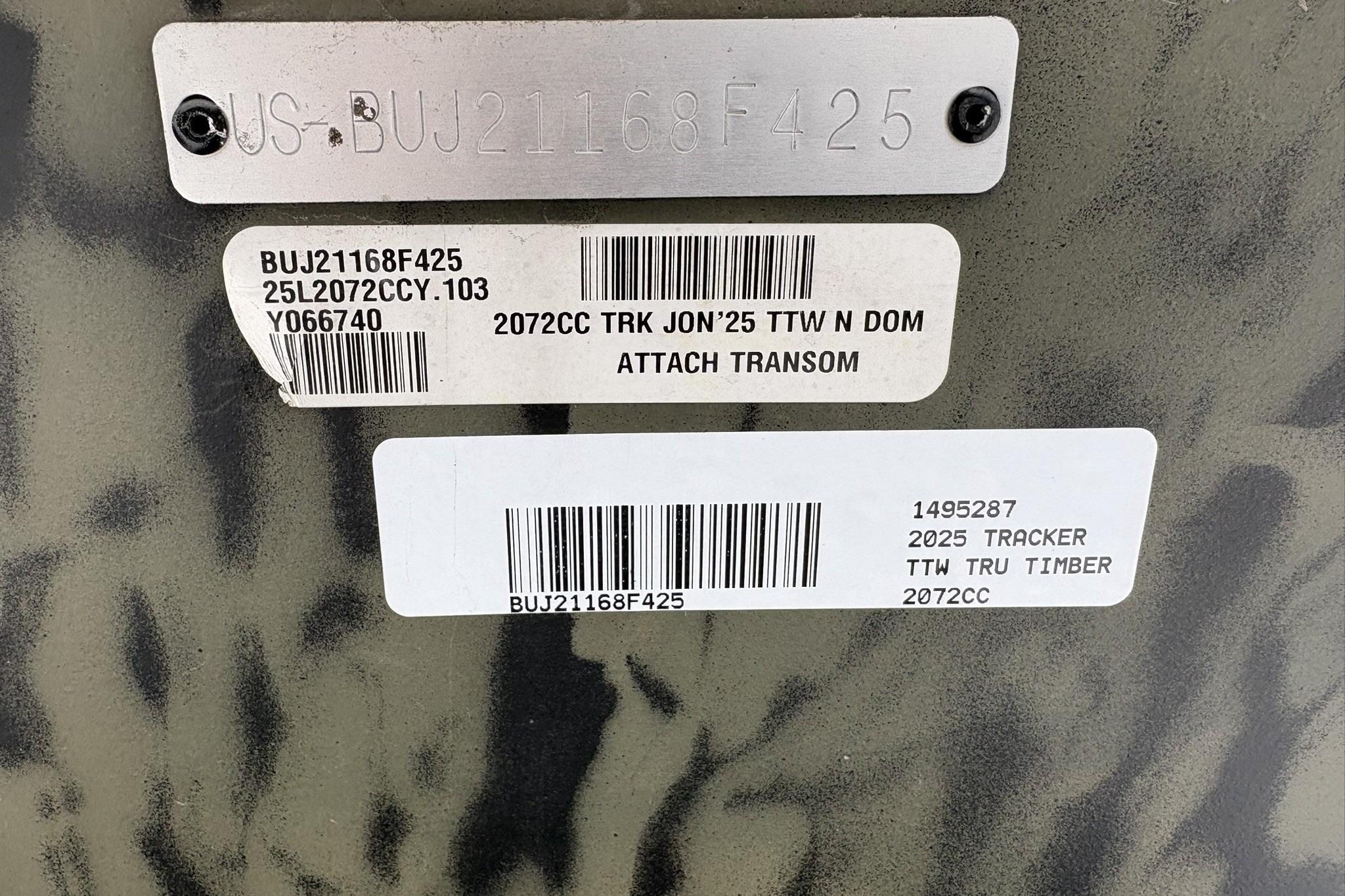 2025 Tracker Grizzly 2072 CC boat identification plates with barcodes and serial numbers.