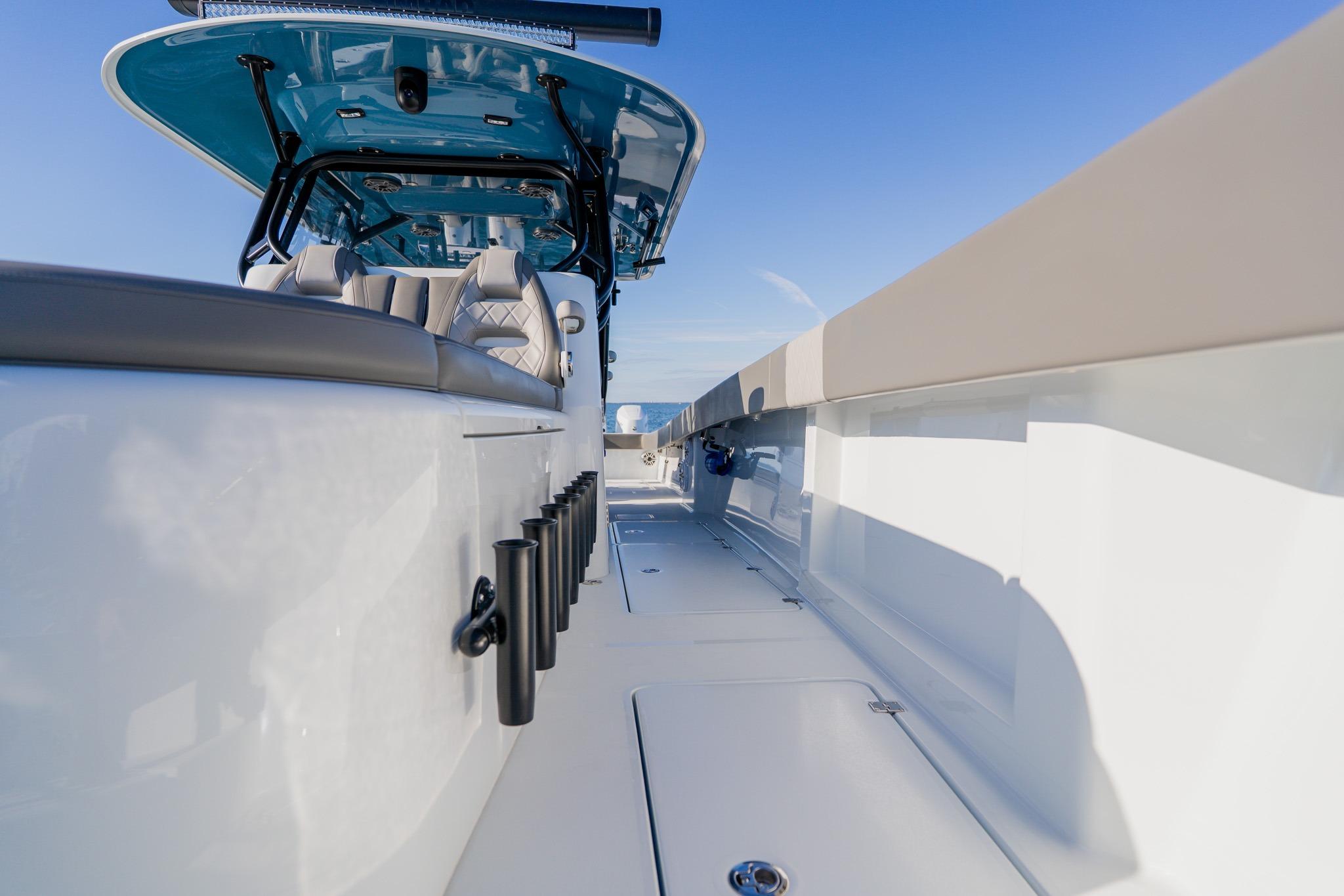 2025 Freeman 42LR boat interior with sleek design and modern seating.