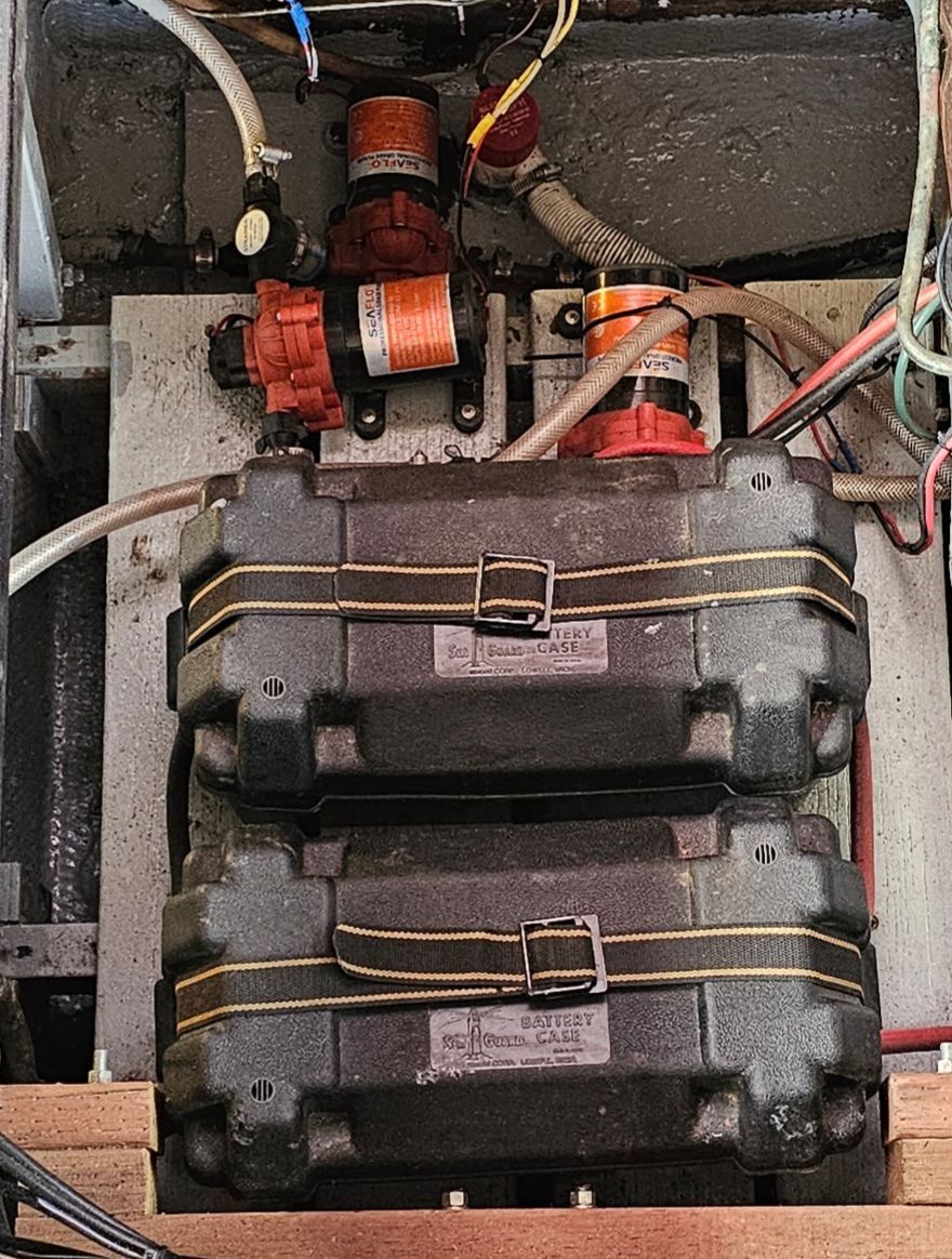 Battery cases and pumps in Egg Harbor 33 Sportfisher, 1976 model.