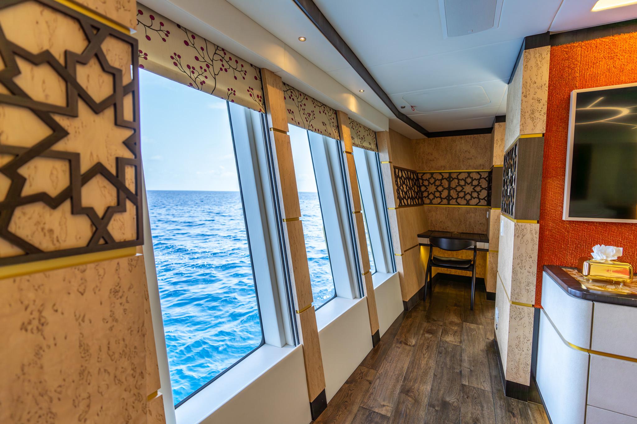 Luxurious yacht interior with ocean view, Palmer Johnson Custom 2014.