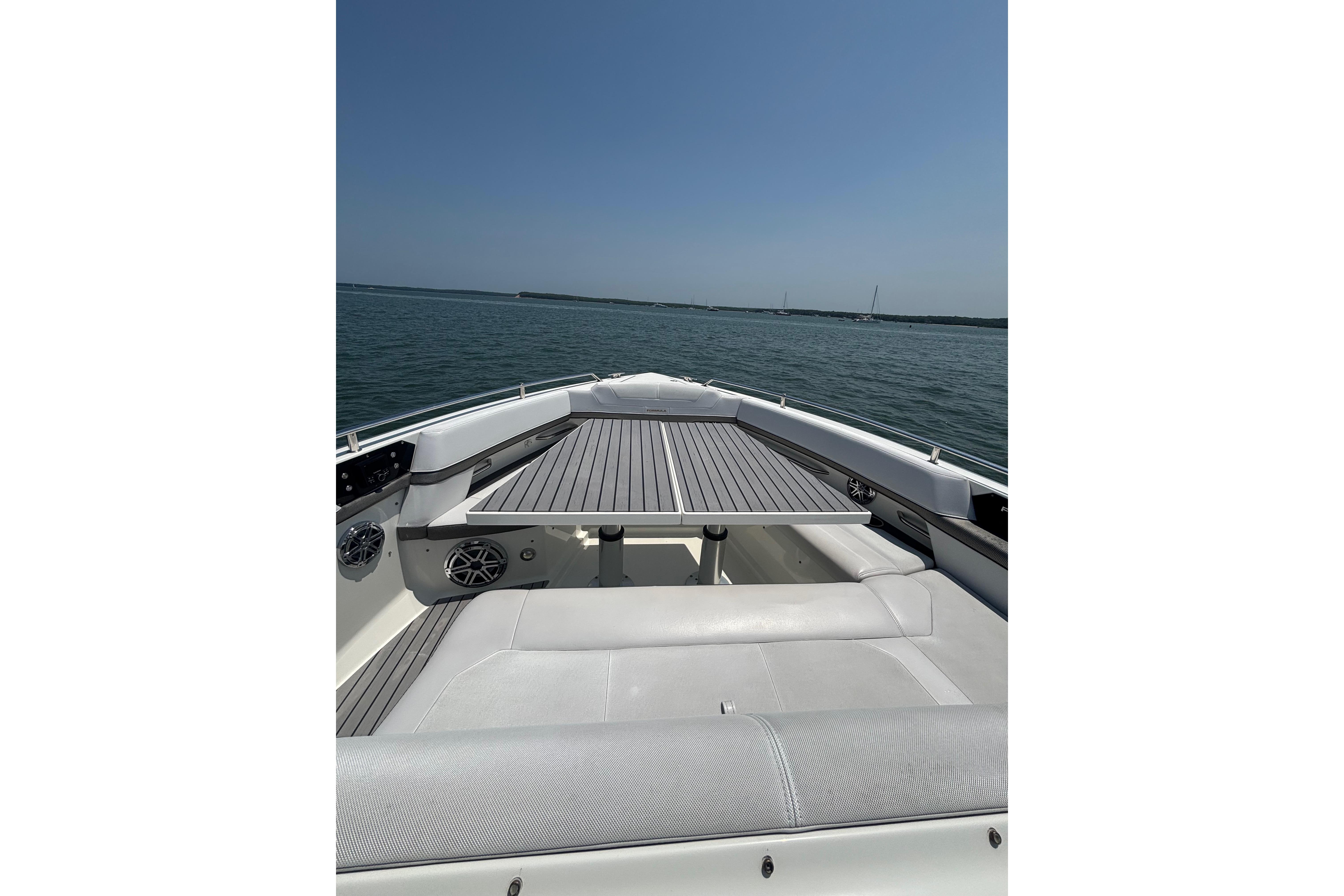 2019 Formula 430 Super Sport Crossover boat on calm water, featuring sleek deck design.