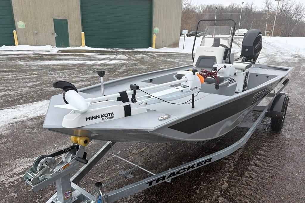 2026 Tracker Bass Tracker Classic CC boat with Minn Kota Maxxum motor on trailer.