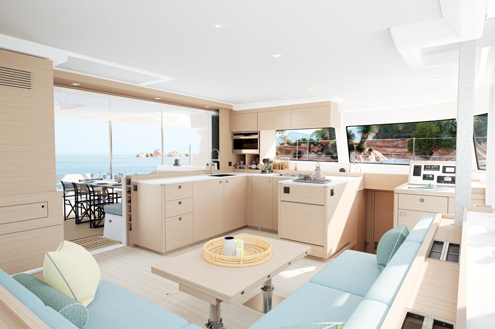 Luxurious interior of 2026 Lagoon 47 yacht with ocean view.