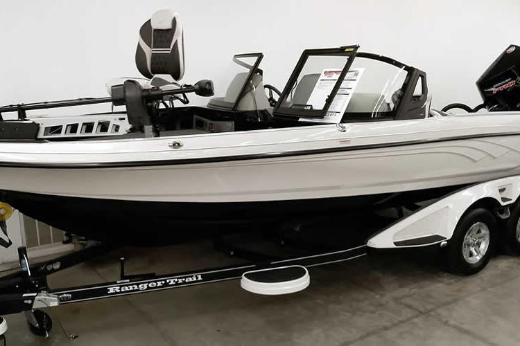 2026 Ranger 620xFS Pro fishing boat on trailer, sleek design, white and black color scheme.