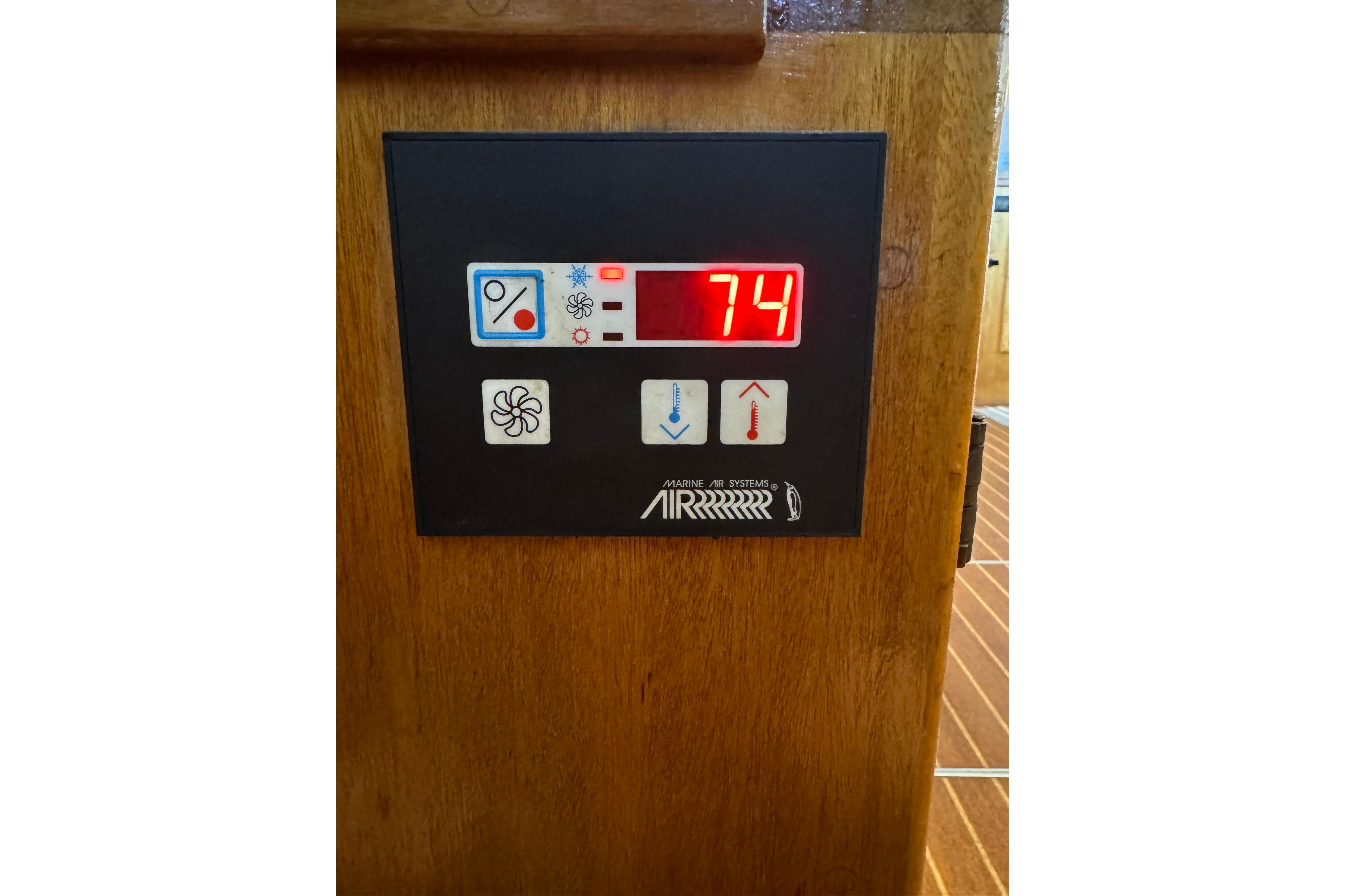 1978 Californian 42 LRC boat control panel displaying temperature at 74 degrees.