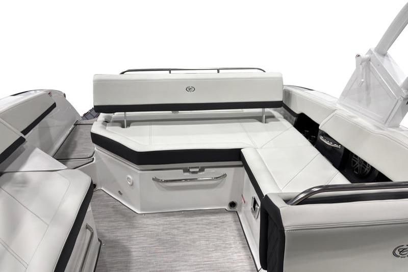 2025 Cobalt R6 boat interior with sleek white seating and modern design.
