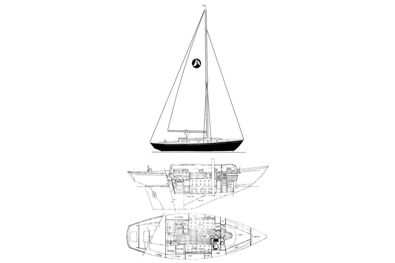 Blueprint of 1981 Sea Sprite 34 sailboat, showcasing side and top views.