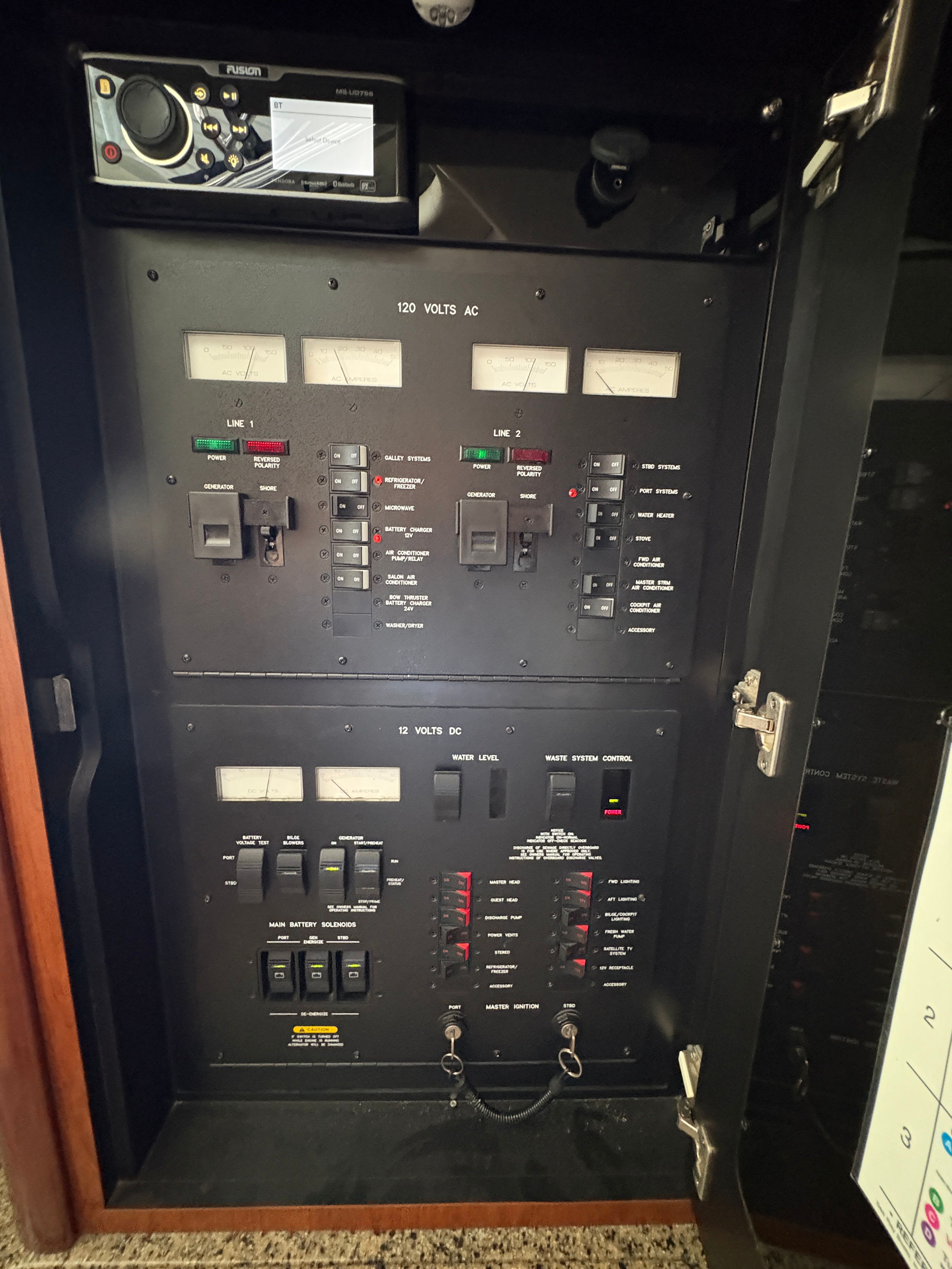 Electrical control panel of a 2005 Sea Ray 420 Sundancer yacht.