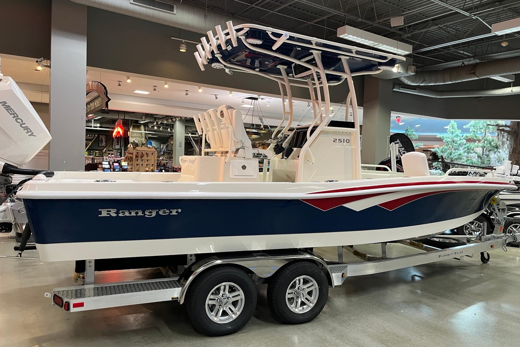 2026 Ranger 2510 Bay boat on display in a showroom, featuring sleek design and vibrant colors.