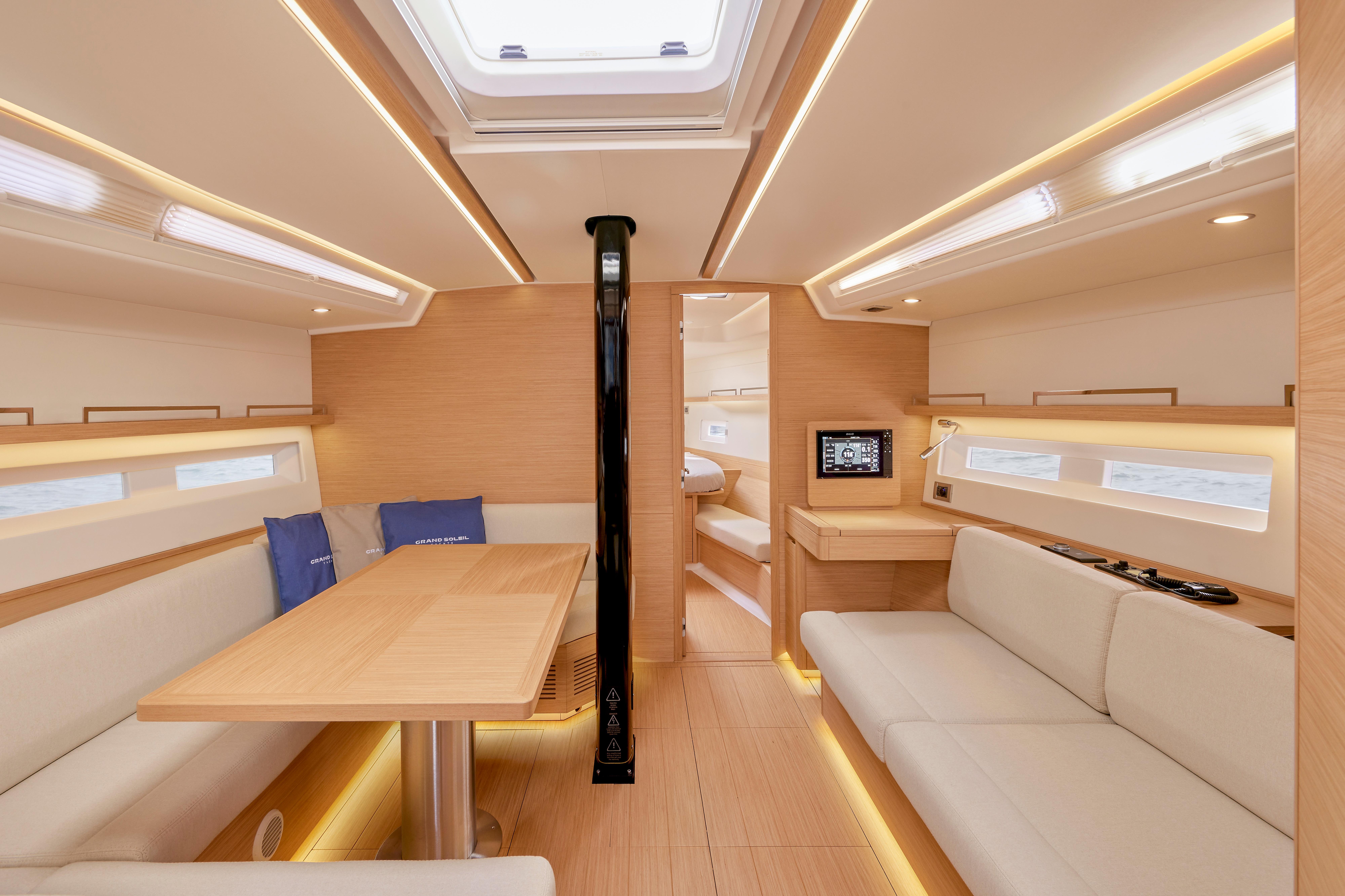 Interior of Grand Soleil 44 yacht, 2026 model, featuring modern design.