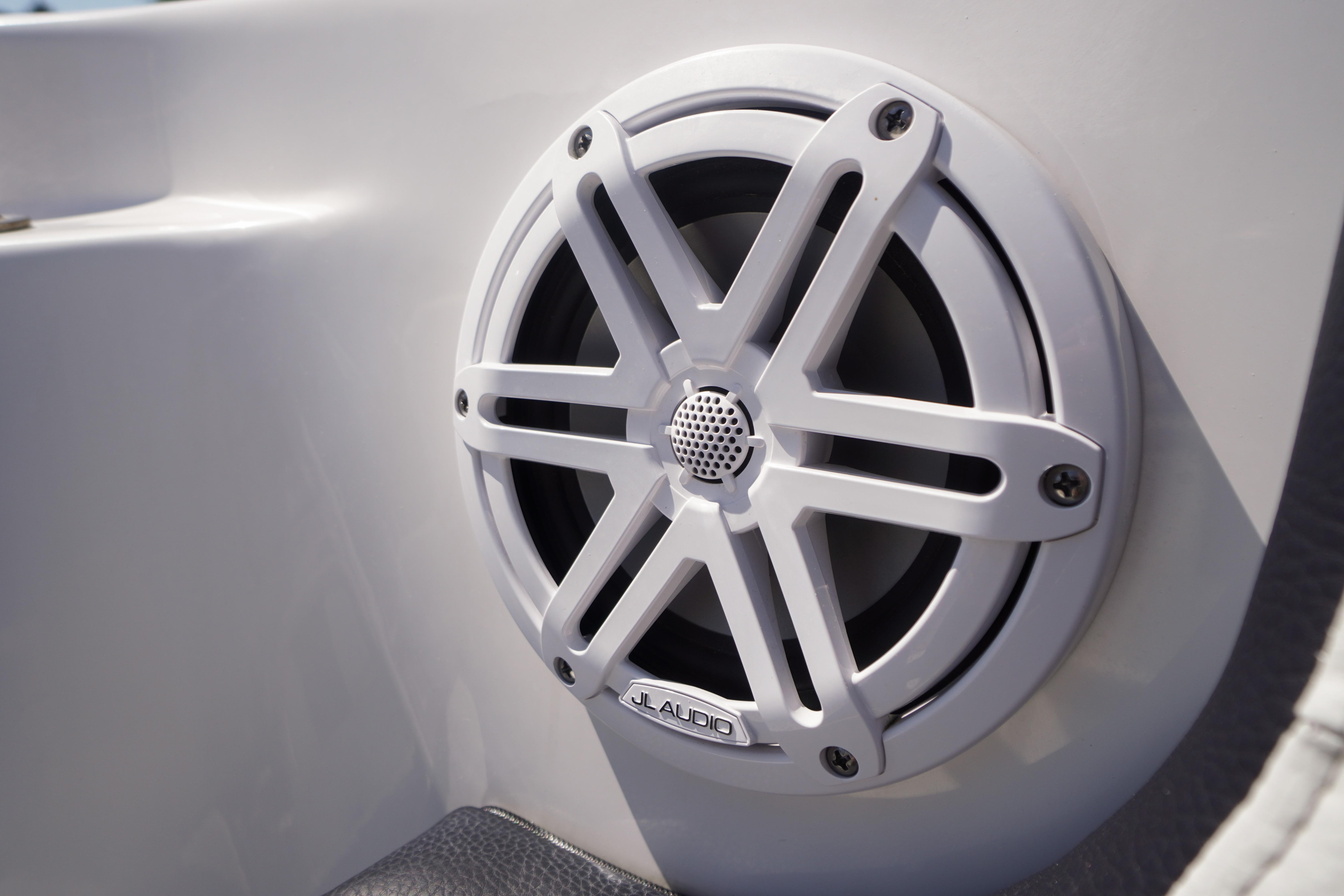 Close-up of JL Audio speaker on 2024 Tidewater 232 CC Adventure boat.