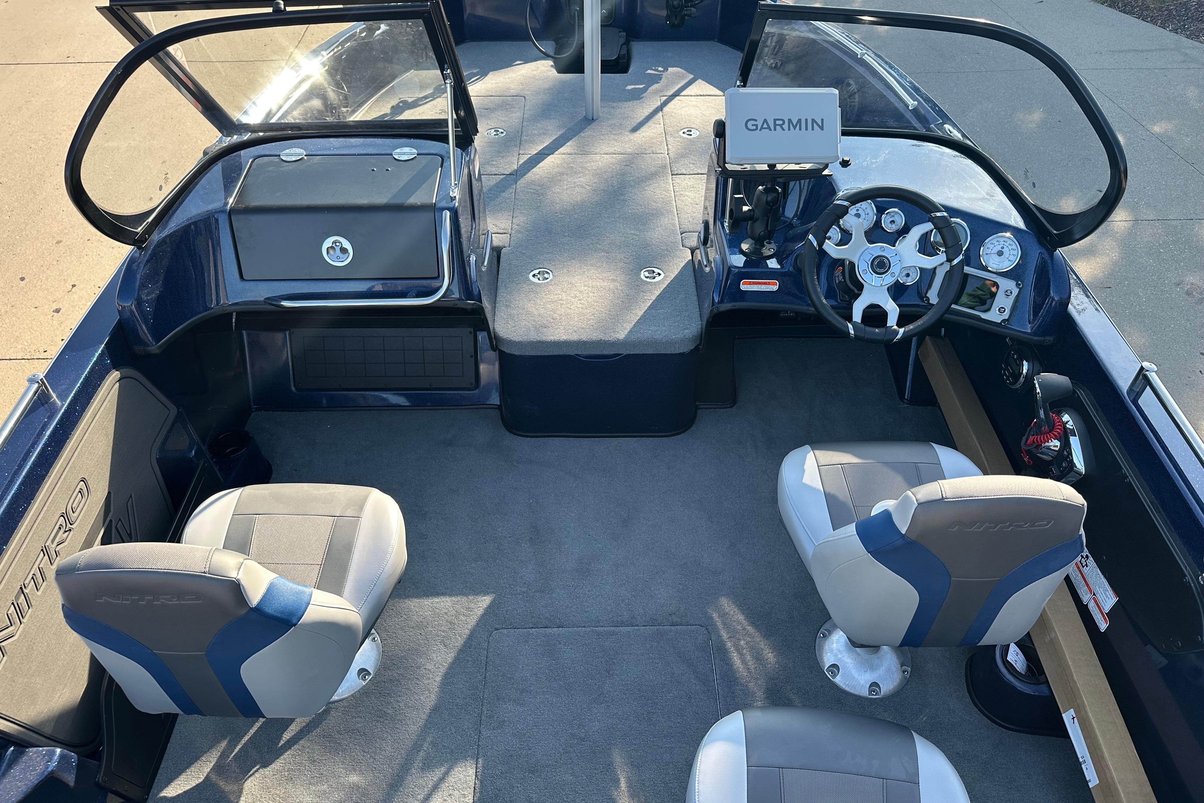2026 Nitro ZV19 Sport Pro boat interior with Garmin navigation system and dual seating.