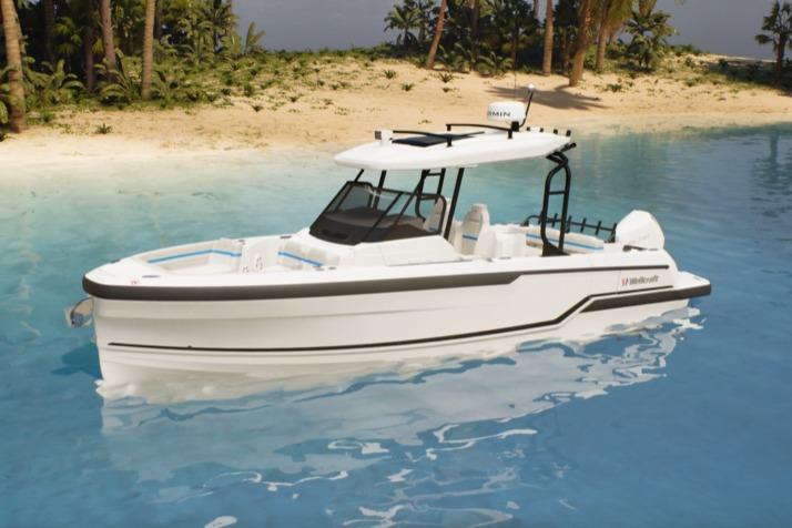 2026 Wellcraft 28 T-Top boat near tropical beach.