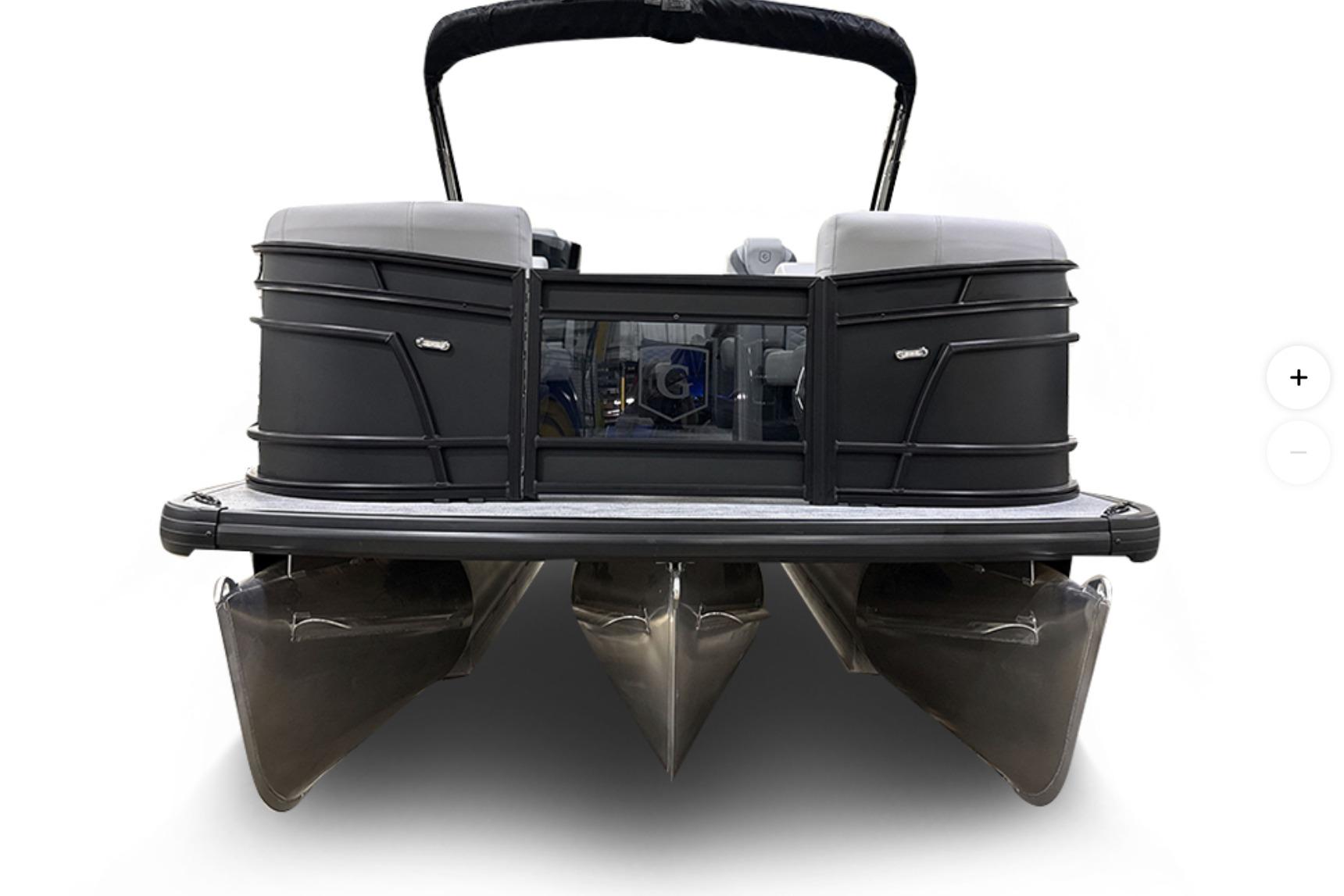 2026 Godfrey Monaco 23' Ultra Lounge Tritoon, front view showcasing sleek design and triple hulls.