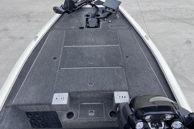 2021 Tracker Pro Team 195 TXW Tournament Edition boat deck with fishing equipment.