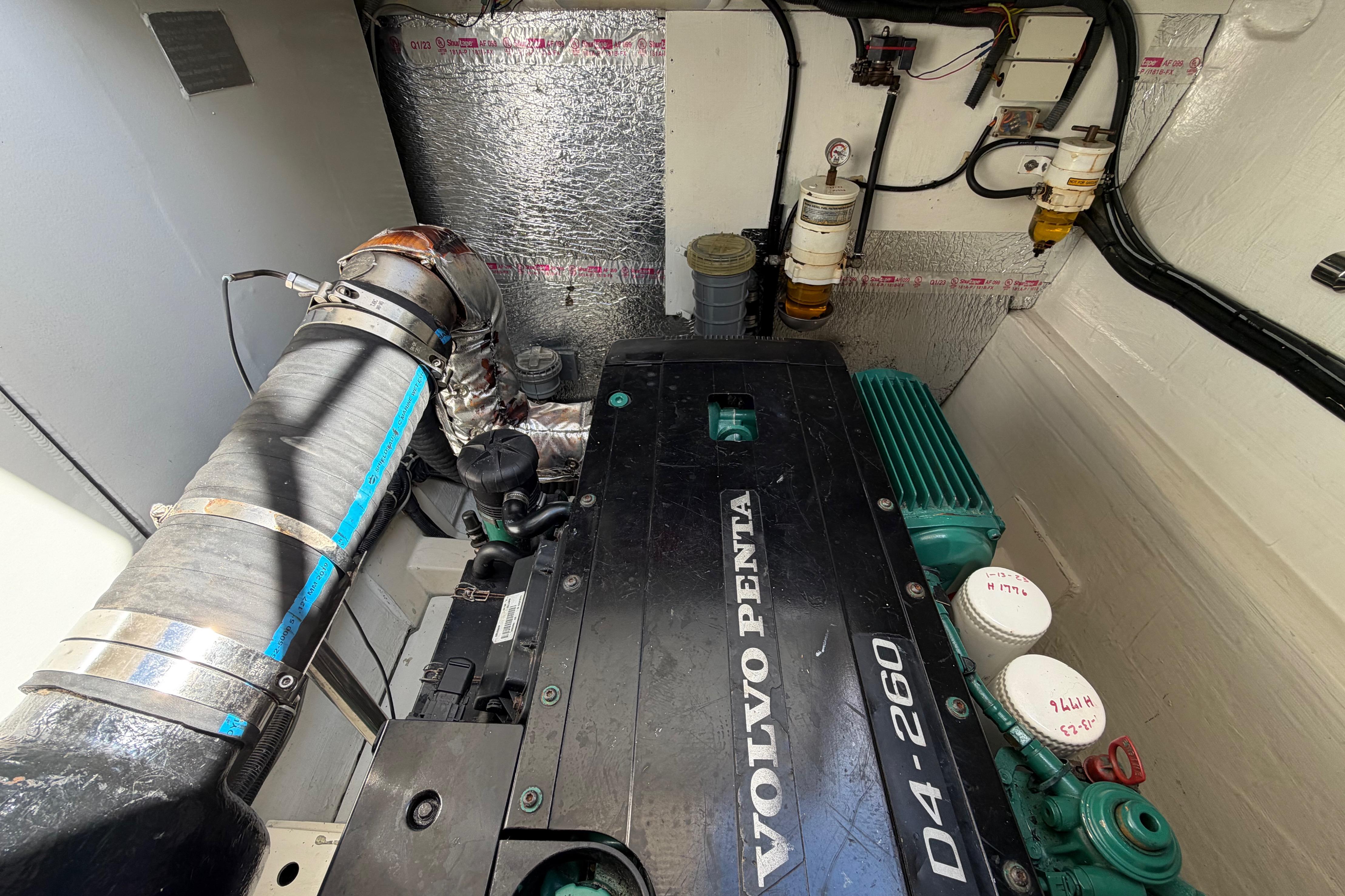 Engine room of 2017 Aquila 44 Yacht featuring Volvo Penta D4-260 engine.