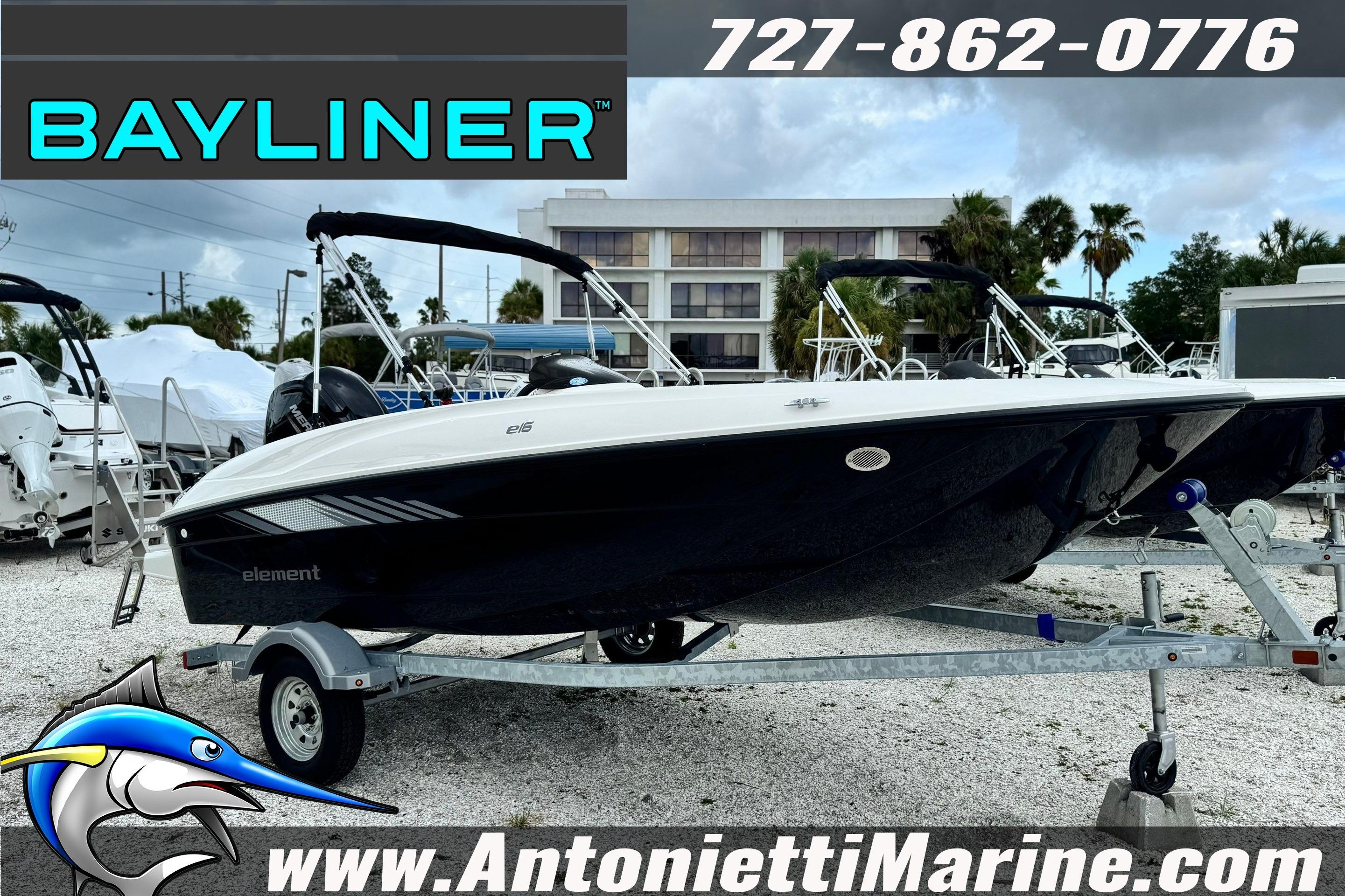 2026 Bayliner Element E16 boat on trailer at Antonietti Marine dealership.