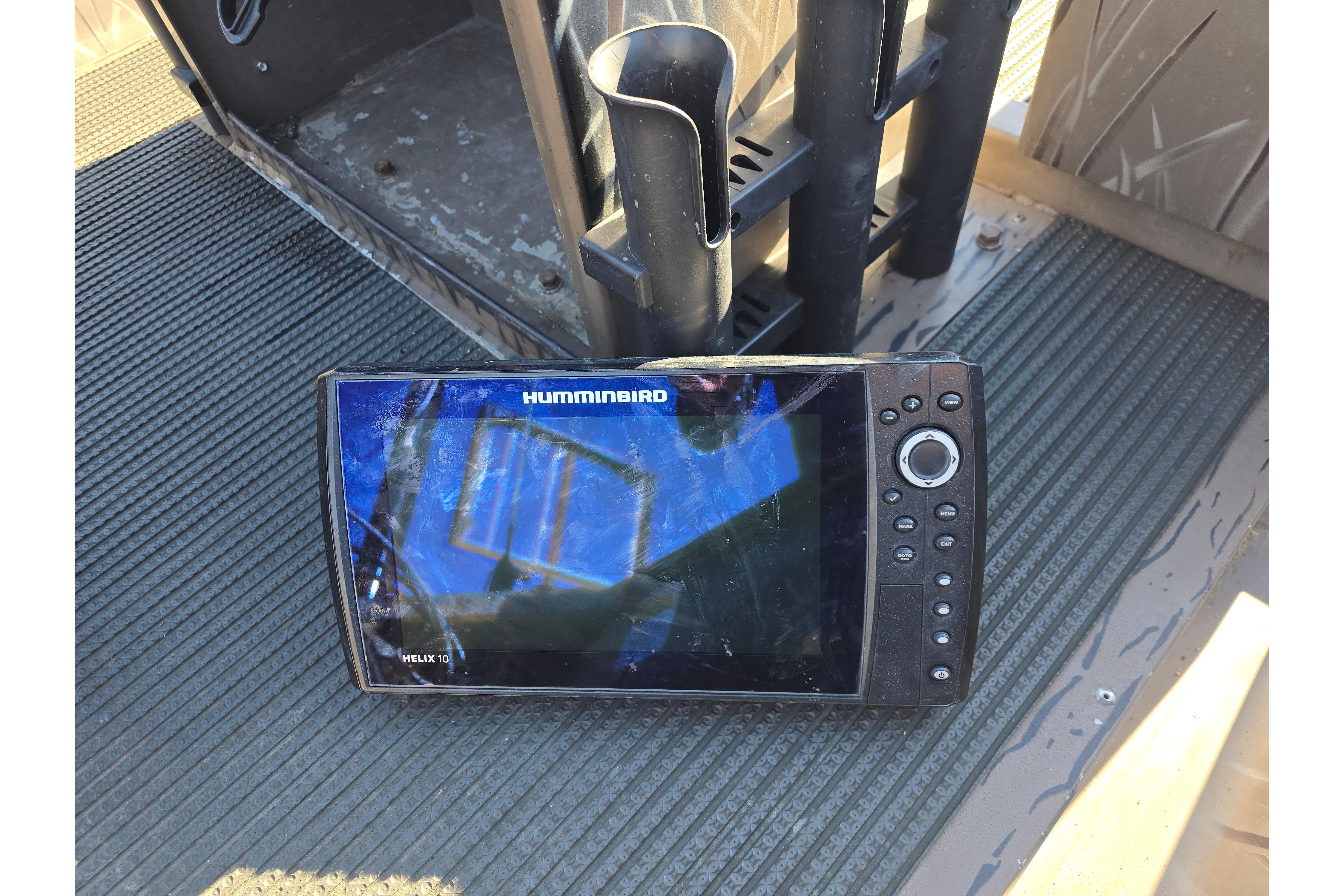 Humminbird Helix 10 fish finder on 2018 Pro-Drive 1754 boat floor.