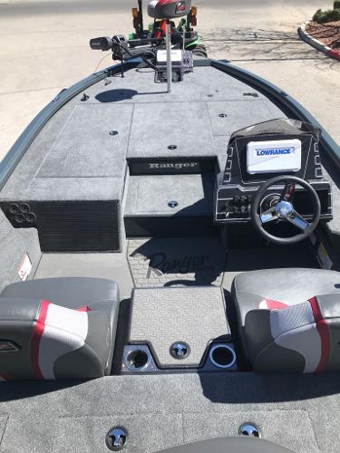 2025 Ranger ALPHA 208 boat interior with steering console and seating.