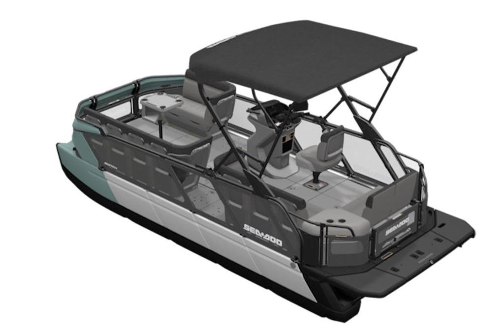 2026 Sea-Doo Switch Cruise 21 pontoon boat with canopy and seating arrangement.